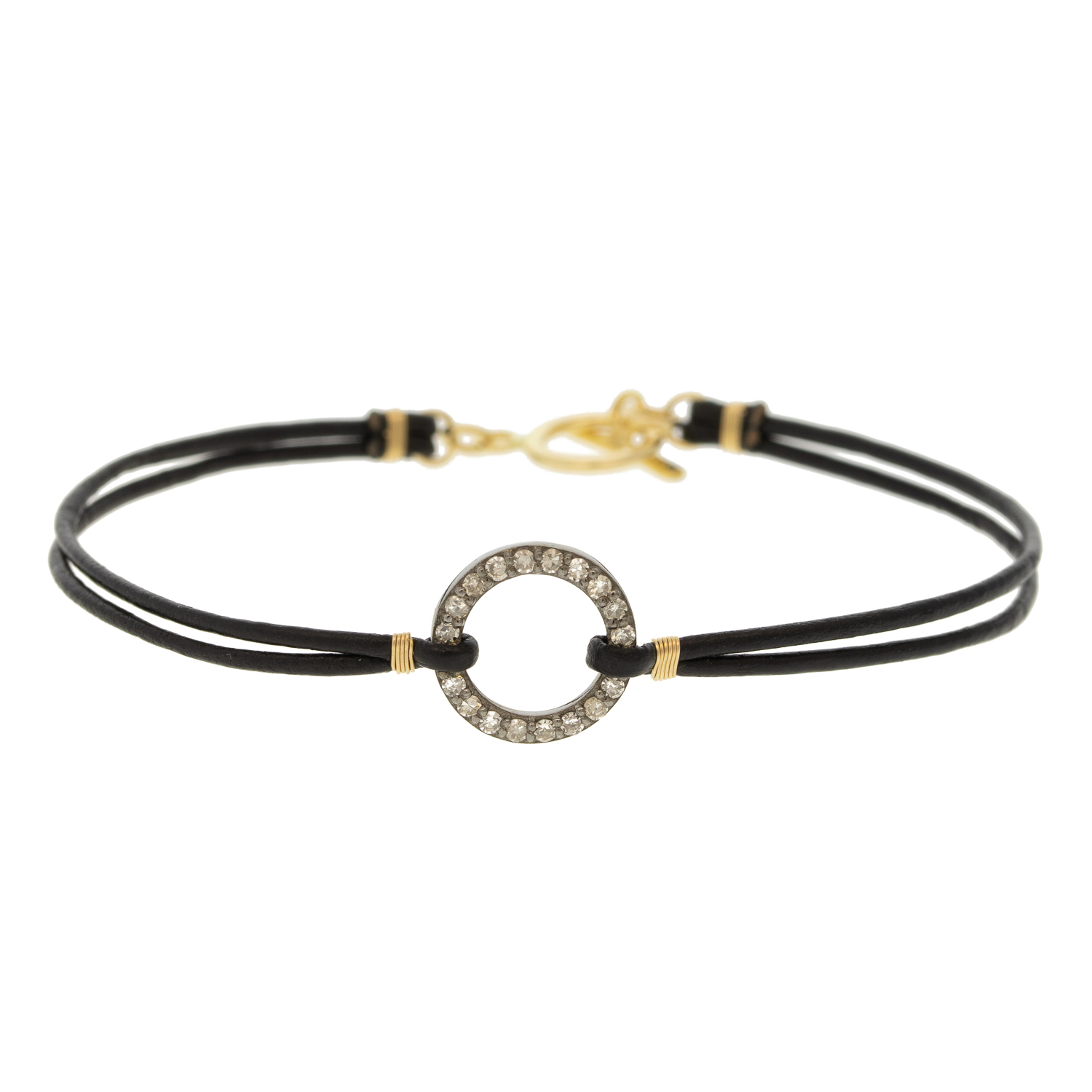 Dana Kellin Fine : Bracelet,Black leather,pave diamond circle,oxidized sterling silver,14k gold, Measures 6 1/2 in length