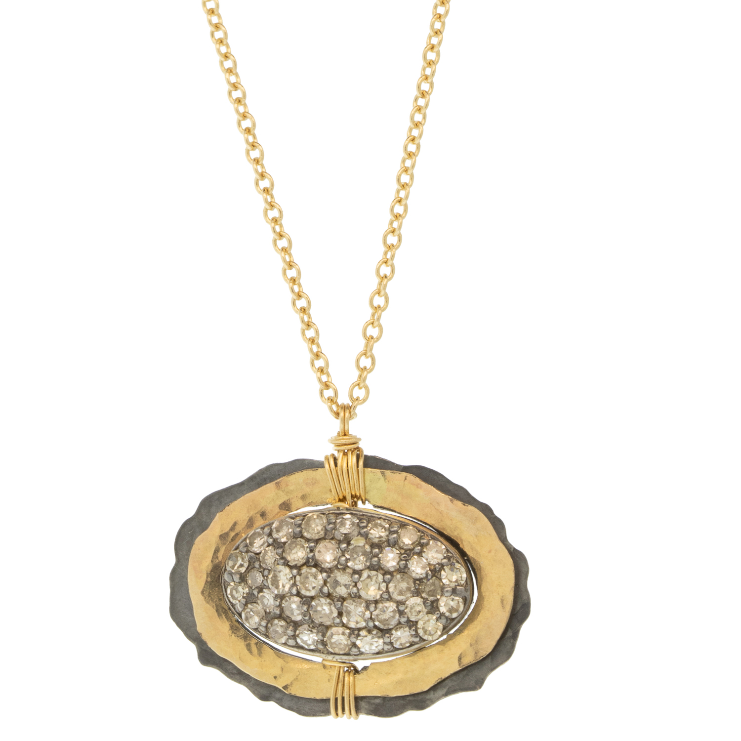 Dana Kellin Fine:Necklace , Horizontal oval large pendant,gold wire wrapped ,Oxidized sterling silver,Grey diamond beads,14k Yellow gold, Chain measures 17 in length, Pendant measures 1/2 x 11/16