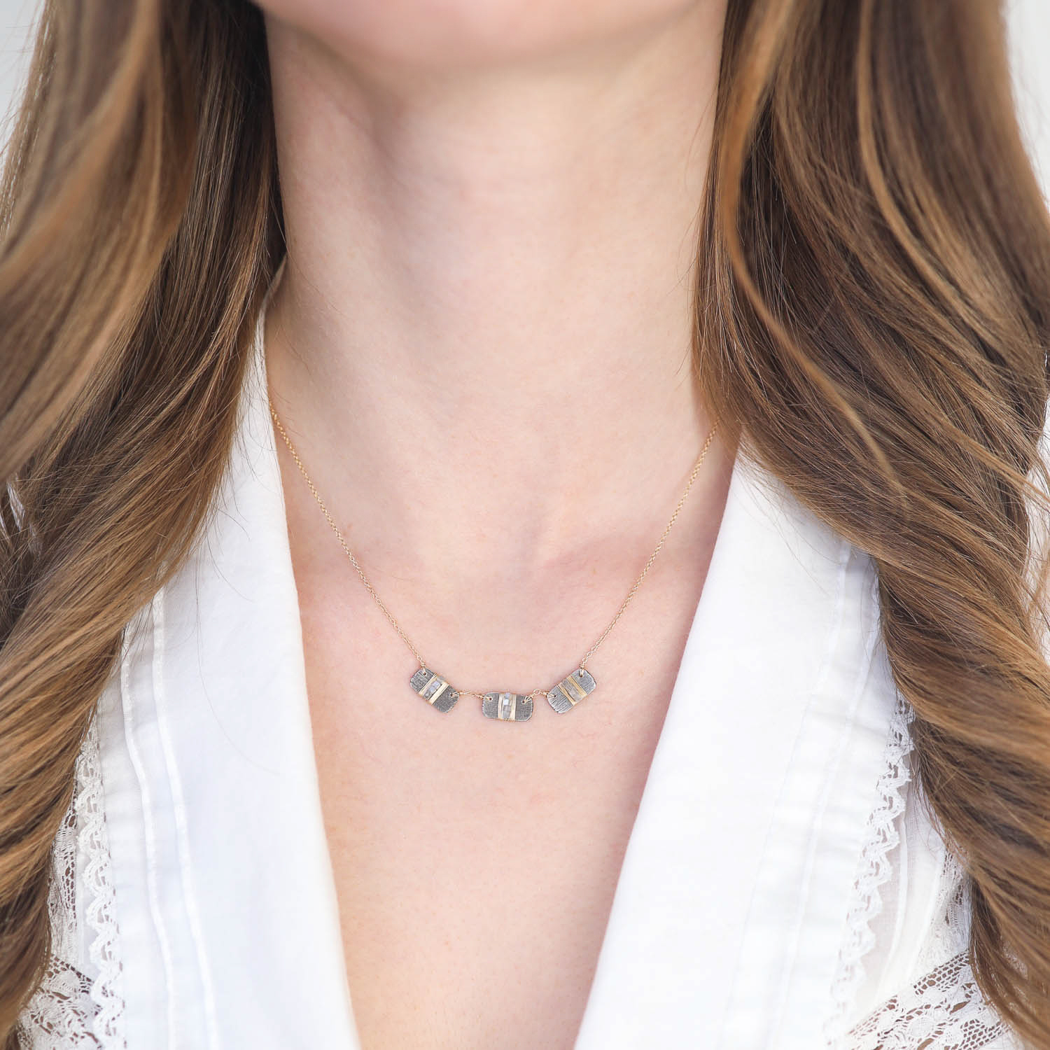 Dana Kellin Fine:Necklace,Small rectangular 3 station pendant with grey diamonds, Oxidized sterling silver,wire wrapped 14k Yellow gold, Chain measures 16 in length