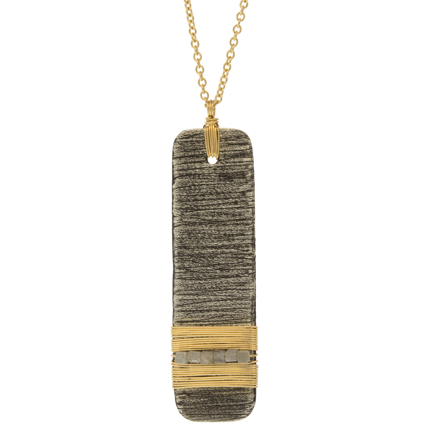 Dana Kellin Fine:Necklace,Long vertical dog tag with grey diamonds,wire wrapped Oxidized sterling silver,14k Yellow gold, Chain measures 30 in length, Pendant measures 1 7/16 x 3/8