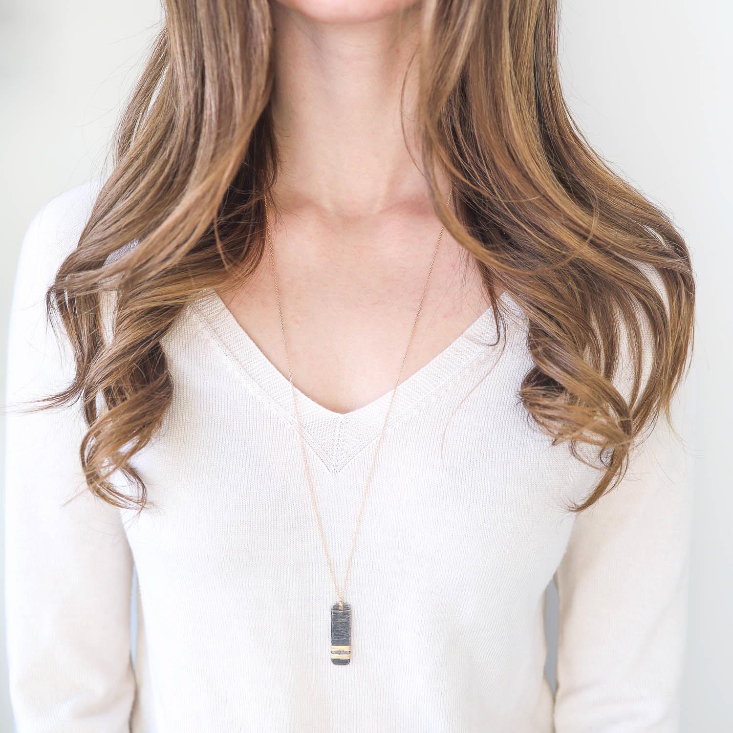 Dana Kellin Fine:Necklace,Long vertical dog tag with grey diamonds,wire wrapped Oxidized sterling silver,14k Yellow gold, Chain measures 30 in length, Pendant measures 1 7/16 x 3/8