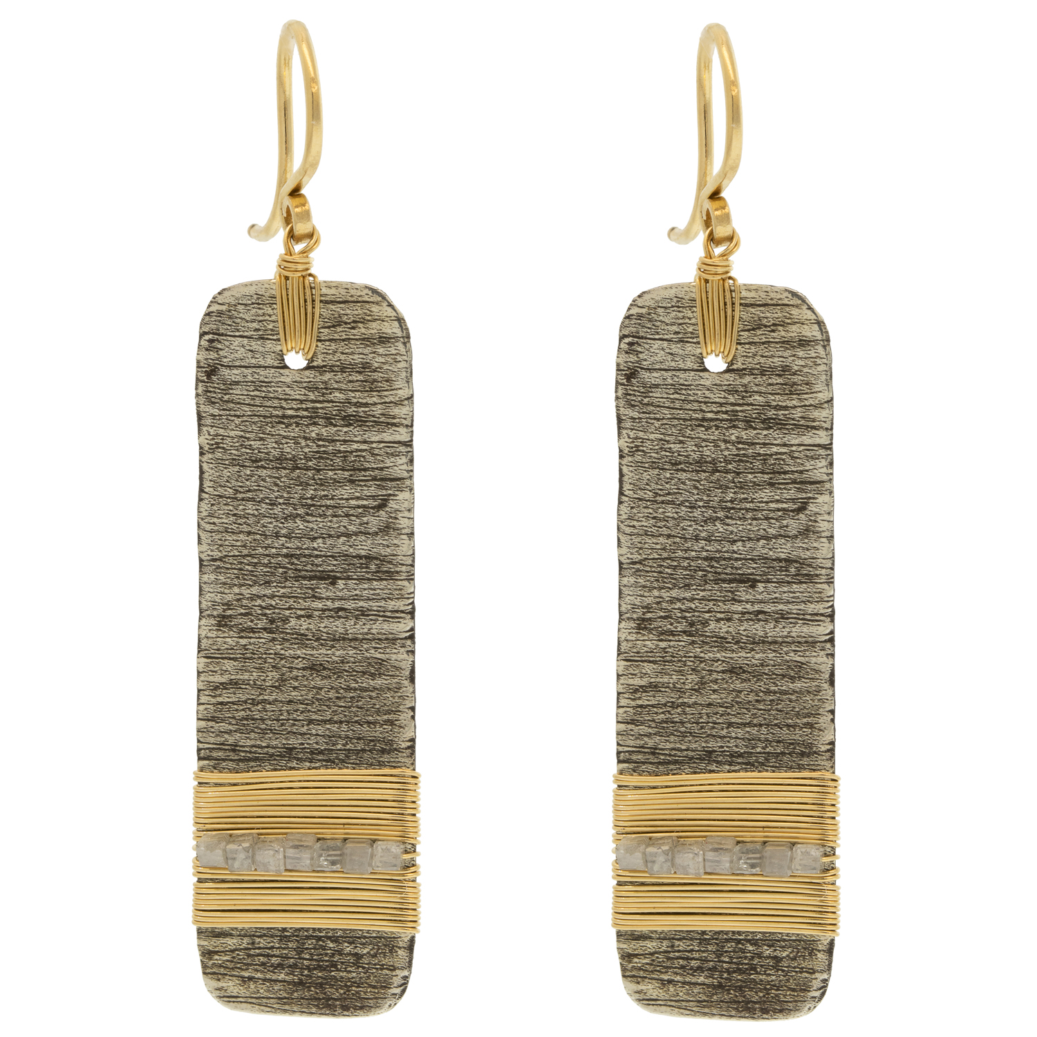 Dana Kellin Fine : Earrings, Vertical Rectangular large dangle earrings,GREY diamonds, Oxidized sterling silver,wire wrapped 14k Yellow gold, Measure 1 7/8 x 7/16 including earwire