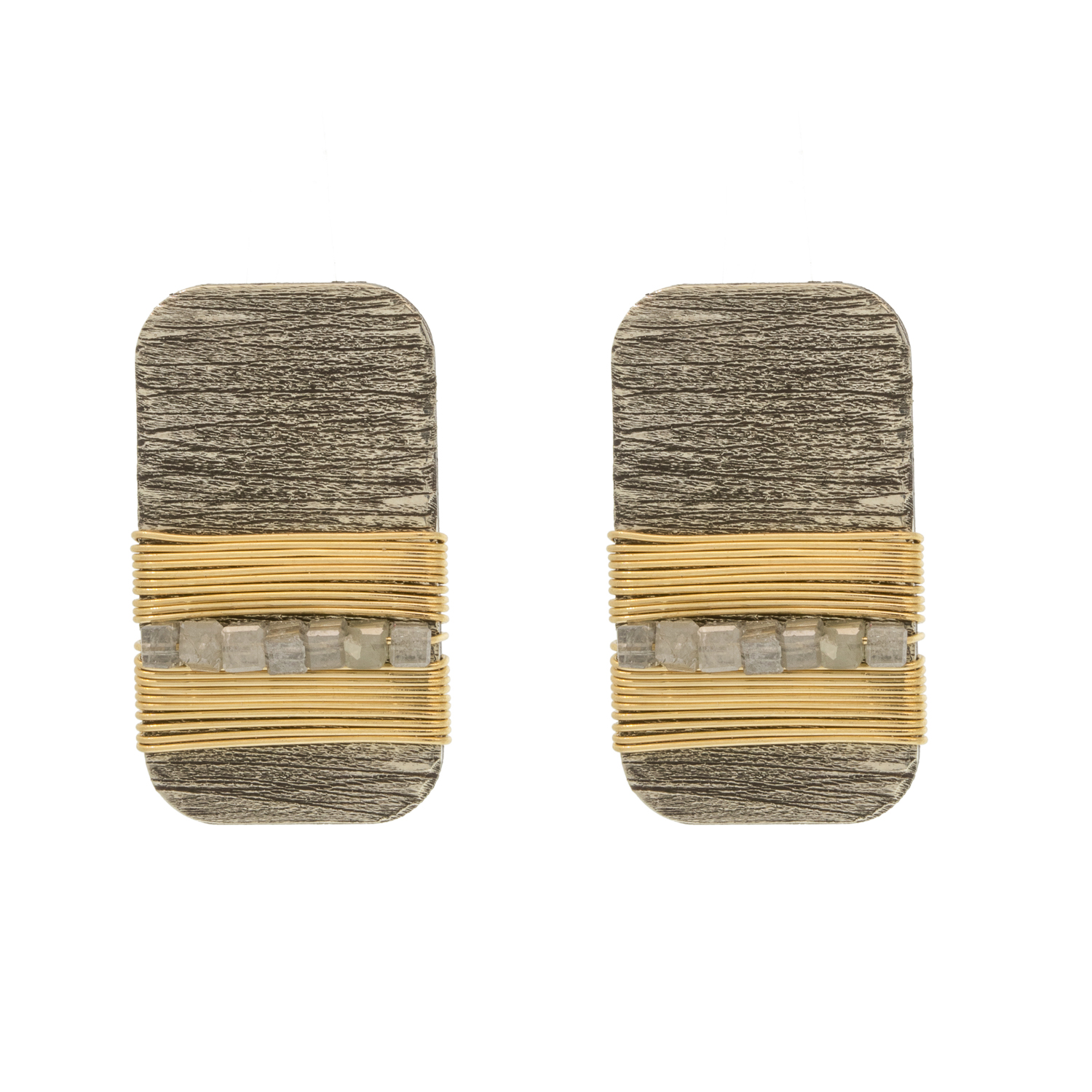 Dana Kellin Fine : Rectangular large post earrings,GREY diamonds, Oxidized sterling silver,wire wrapped 14k Yellow gold, Measure 11/16 x 3/8