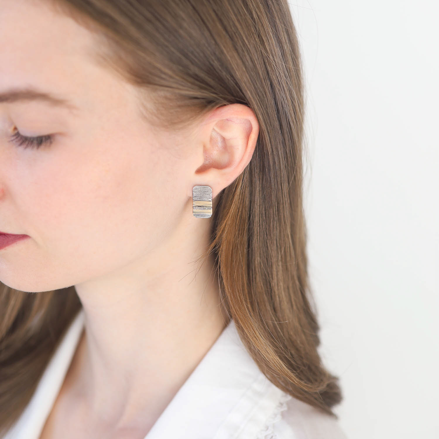 Dana Kellin Fine : Rectangular large post earrings,GREY diamonds, Oxidized sterling silver,wire wrapped 14k Yellow gold, Measure 11/16 x 3/8