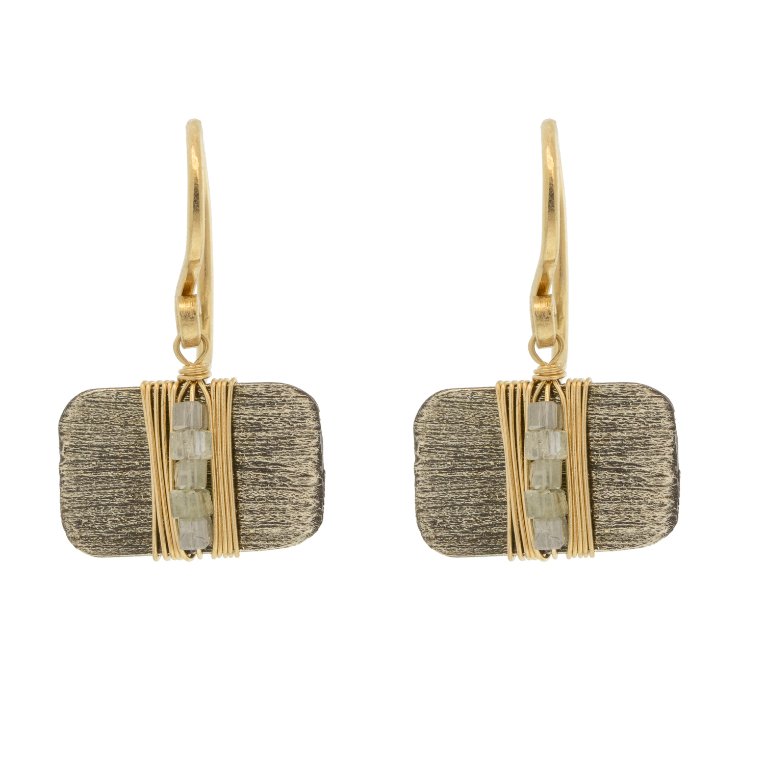 Dana Kellin Fine : Horizontal Rectangular large dangle earrings,GREY diamonds, Oxidized sterling silver,wire wrapped 14k Yellow gold, Measure 3/4 x 1/2 including earwire