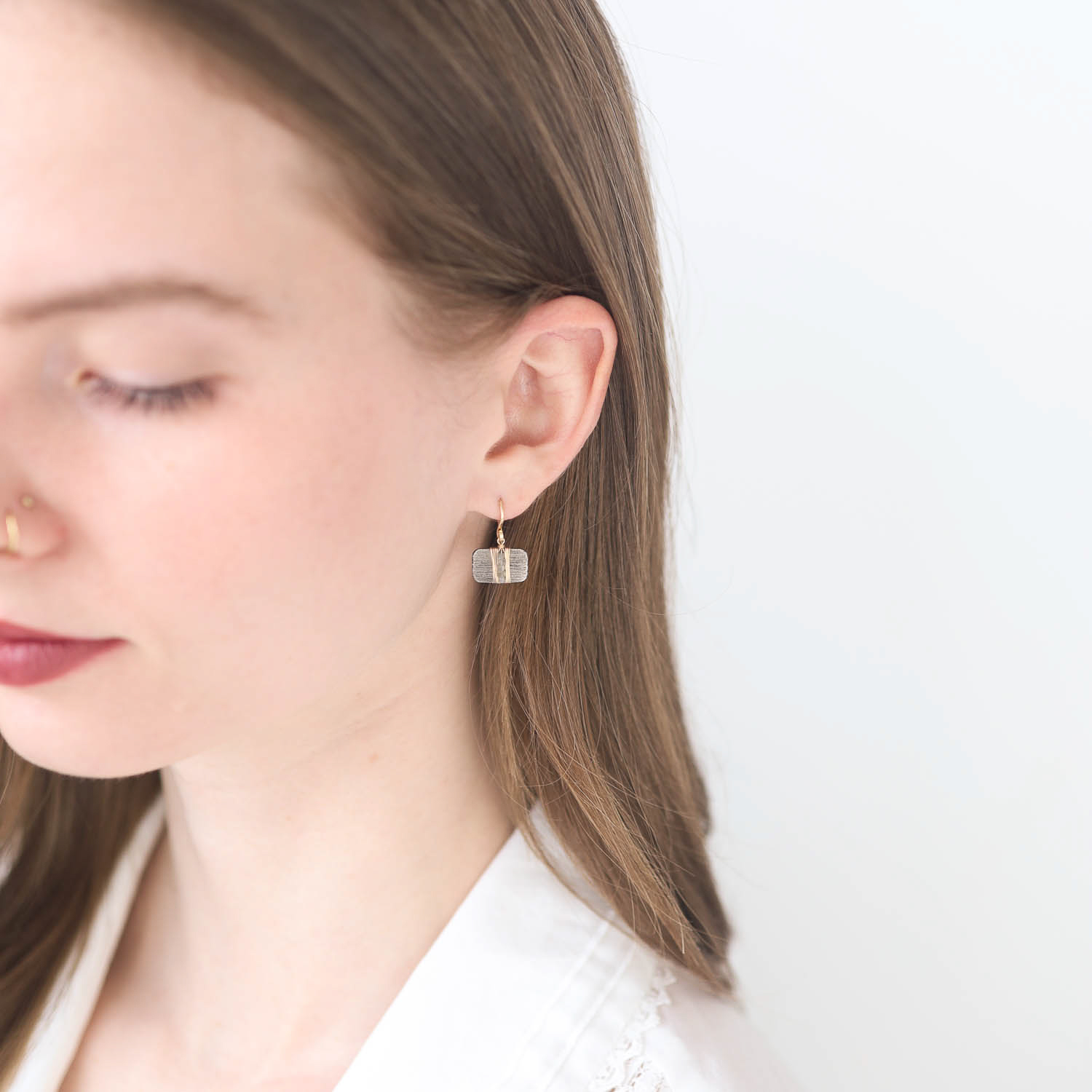 Dana Kellin Fine : Horizontal Rectangular large dangle earrings,GREY diamonds, Oxidized sterling silver,wire wrapped 14k Yellow gold, Measure 3/4 x 1/2 including earwire