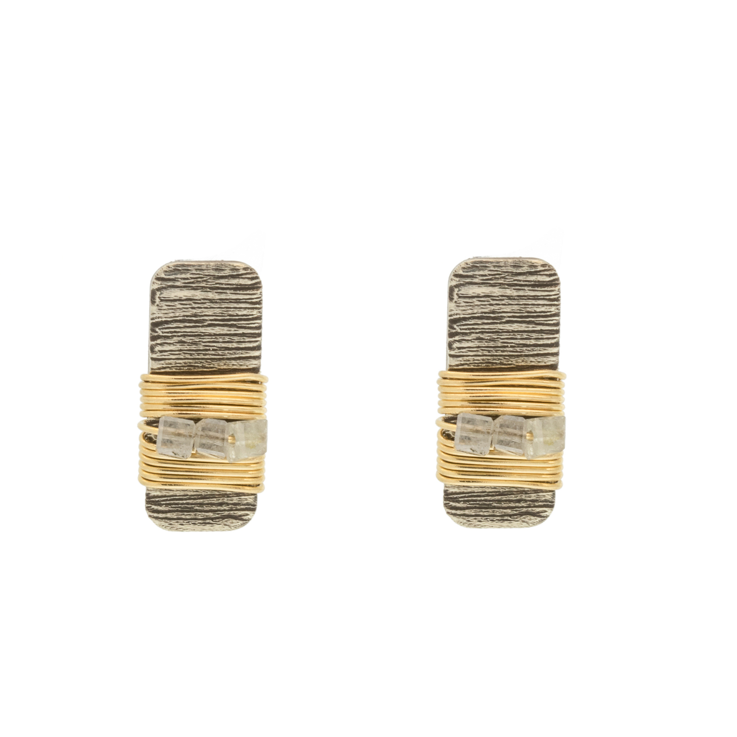 Dana Kellin Fine : Small post earrings,GREY diamonds, Oxidized sterling silver,wire wrapped 14k Yellow gold, Measure 3/8 x 3/16