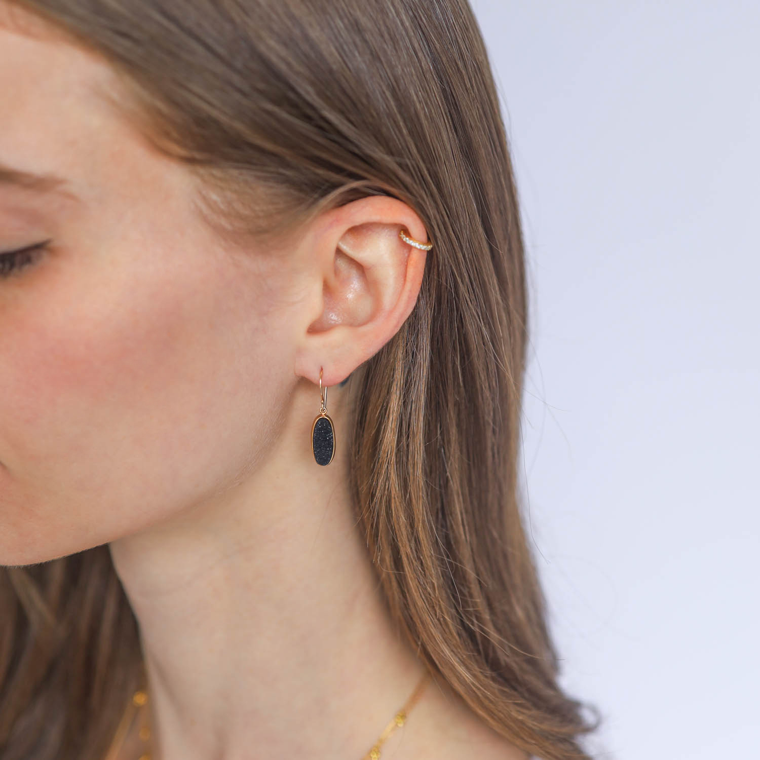 Jamie Joseph Trunk Show: Sterling & 14K Gold Earrings w/ Small Oval BRAZILIAN BLACK DRUSY in Sterling Backed Gold Bezel