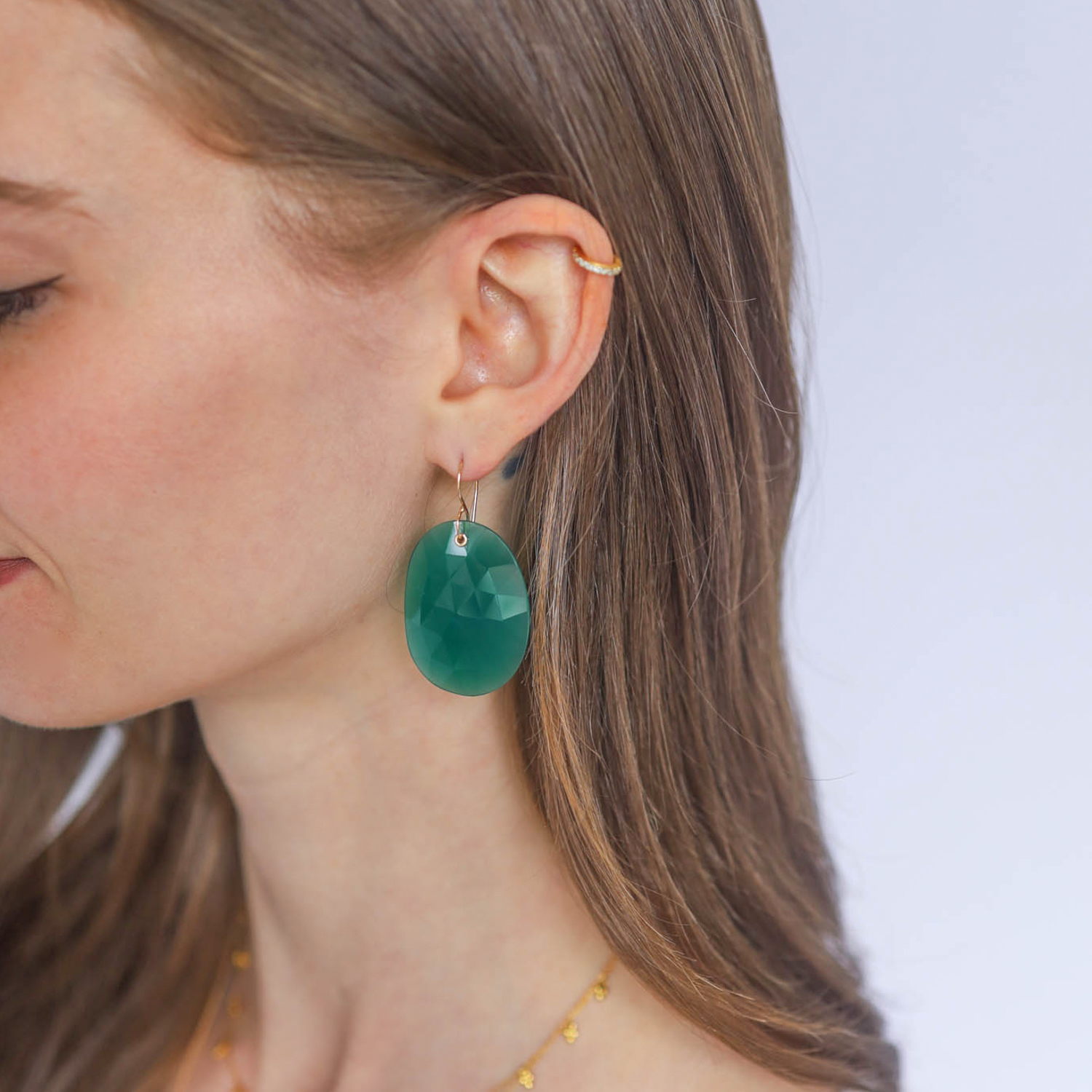 Jamie Joseph Trunk Show: 14K Gold Earrings w/ Drilled and Sleeved Extra Large Asymmetrical Rose Cut Green Onyx