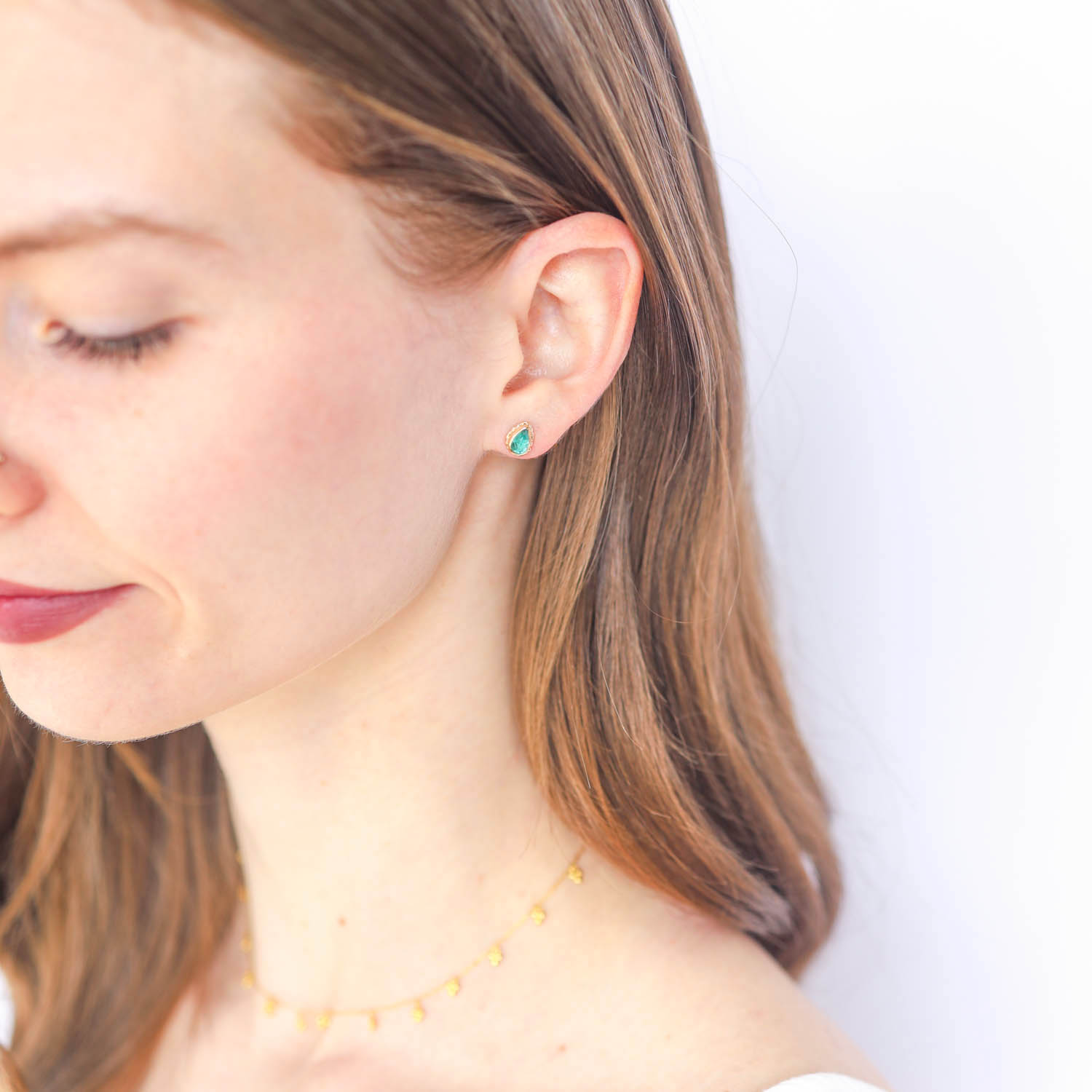Jamie Joseph Trunk Show: 14K Gold Post Earrings w/ 6 x 4mm Teardrop Inverted EMERALD (0.75 CTW) on Ruffled Platform