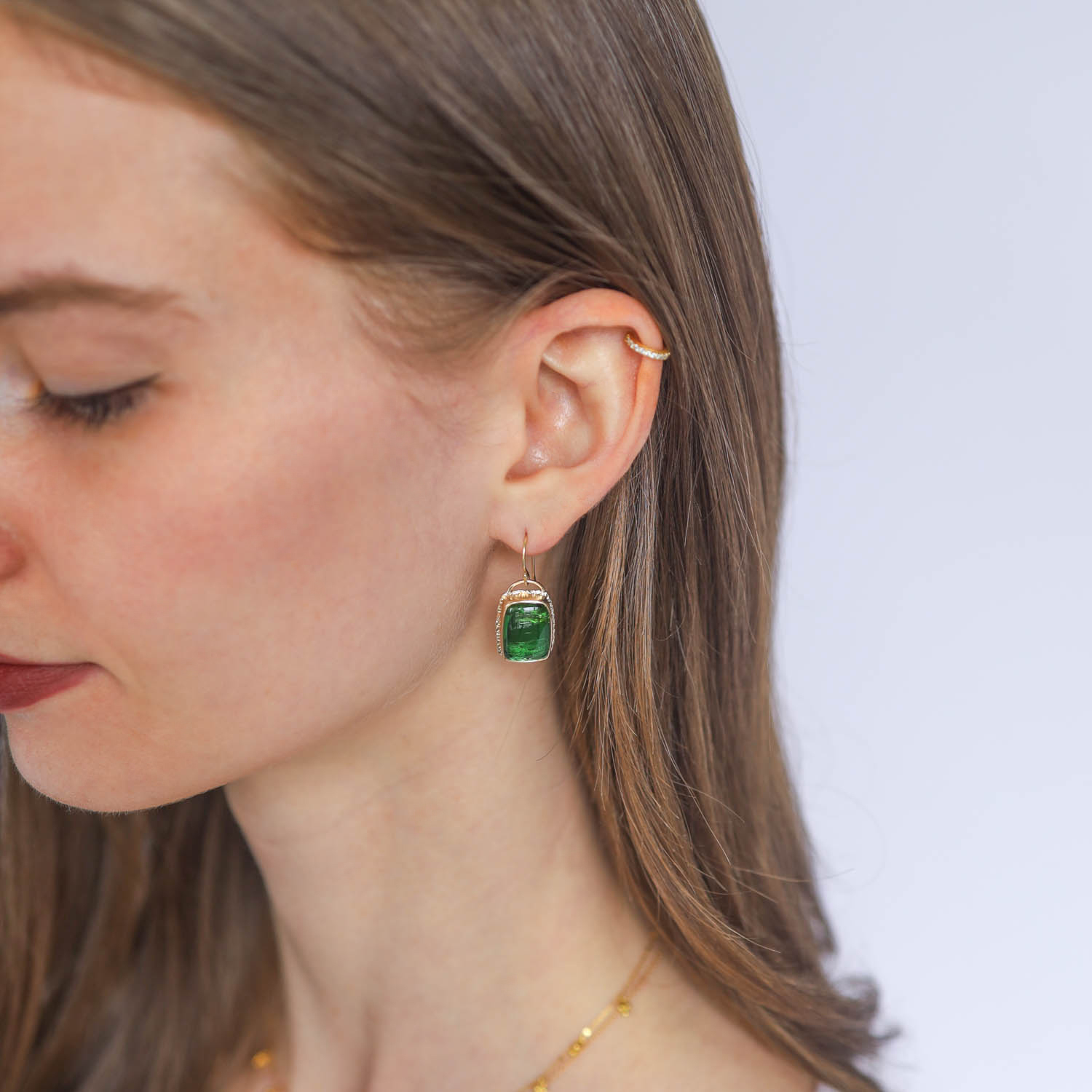 Jamie Joseph Trunk Show: 14K Gold Earrings w/ Rectangular Smooth GREEN TOURMALINE on Ruffled Platform