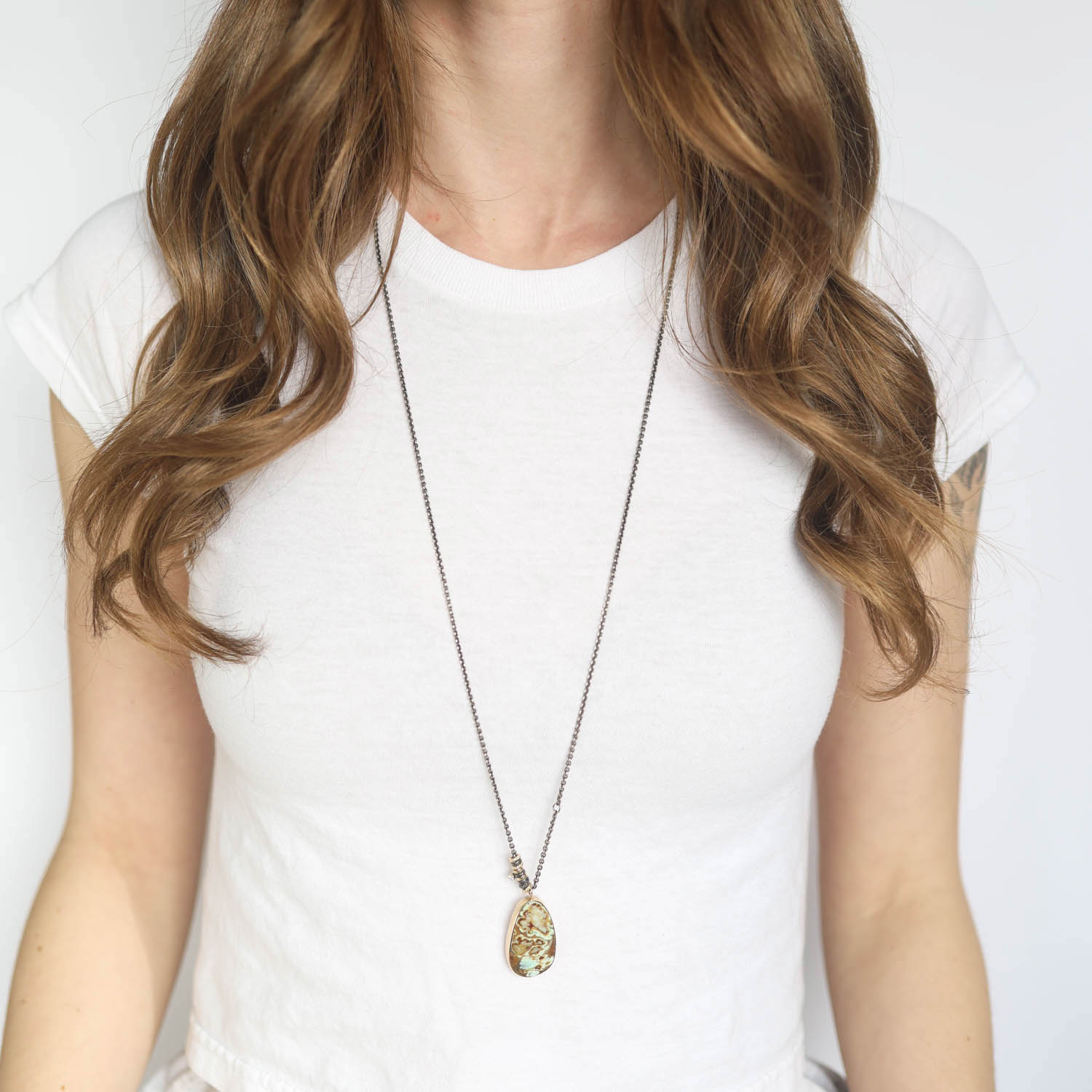 Jamie Joseph Trunk Show: Oxidized Sterling & 14K Gold Long Convertible Necklace w/ Teardrop SEVEN DWARF MINERAL in Sterling Backed Gold Bezel w/ .03 ct Diamond Accent & Multiple Sliding Rings (17.5/32.5")