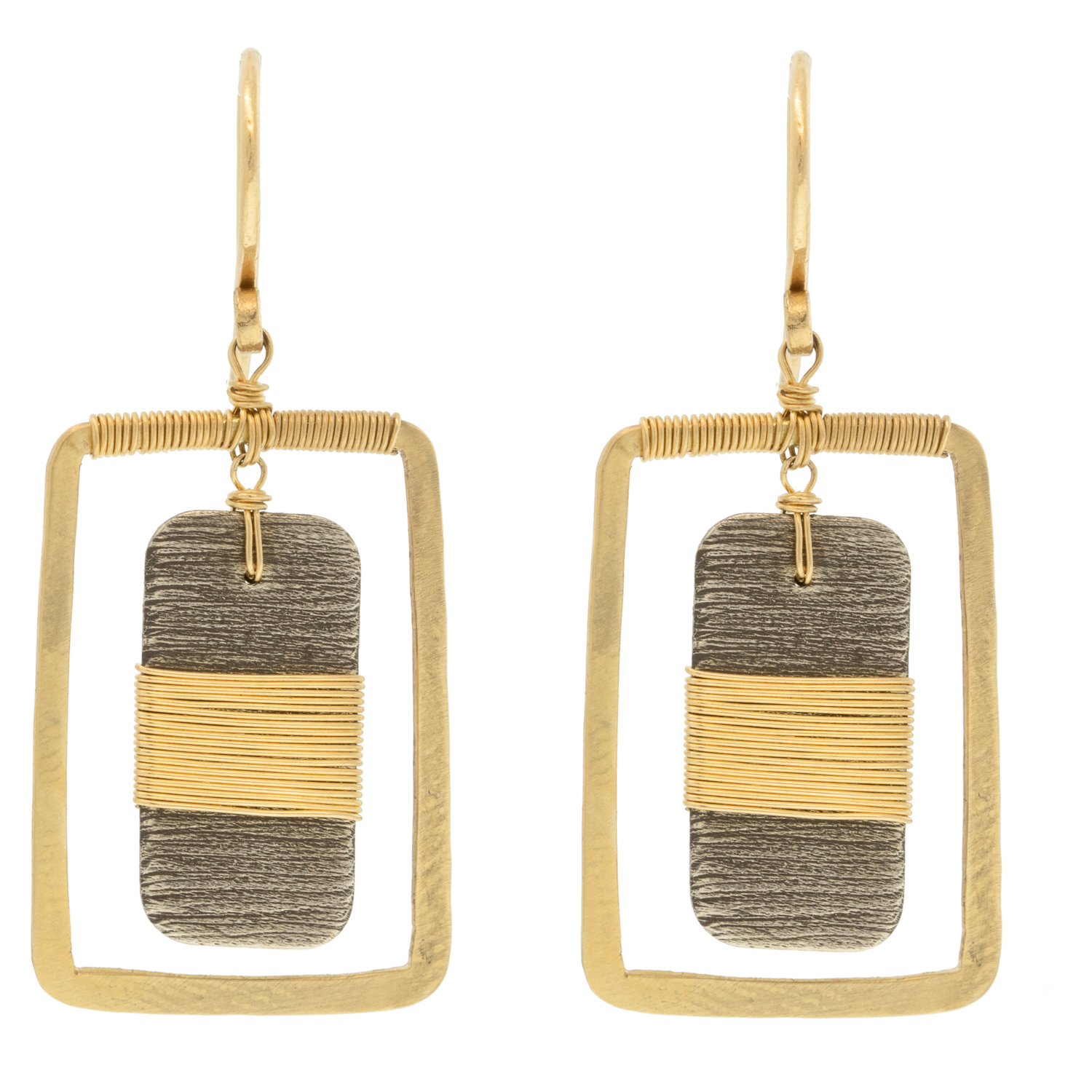 Dana Kellin FineDangle earrings,Oxidized sterling silver,wire wrapped 14k Yellow gold, Measure 1 3/8 x 5/8 including earwire
