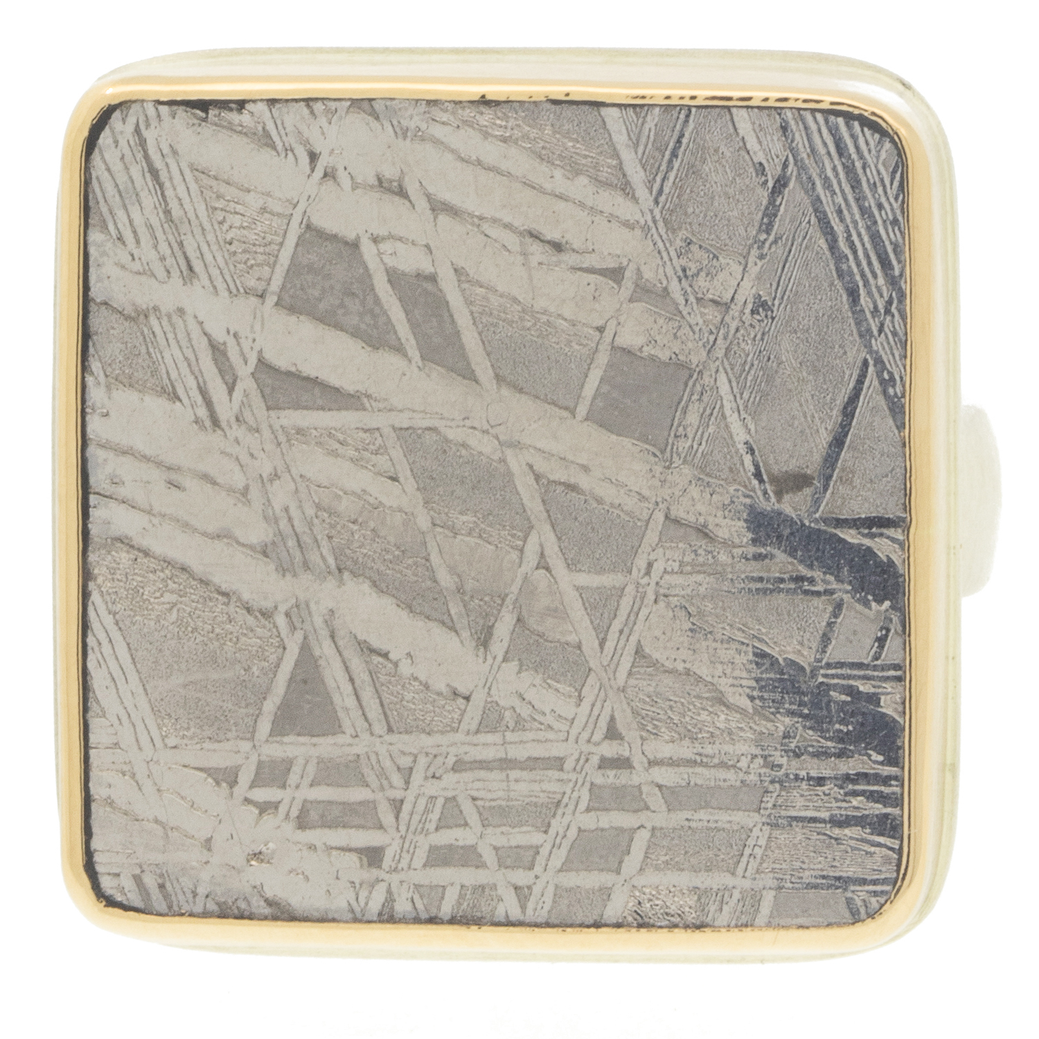 Jamie Joseph: SS & 14k Gold Ring w/Square Scrimshaw METEORITE on Comfort Band sz 7.25, 3/4" x 3/4"