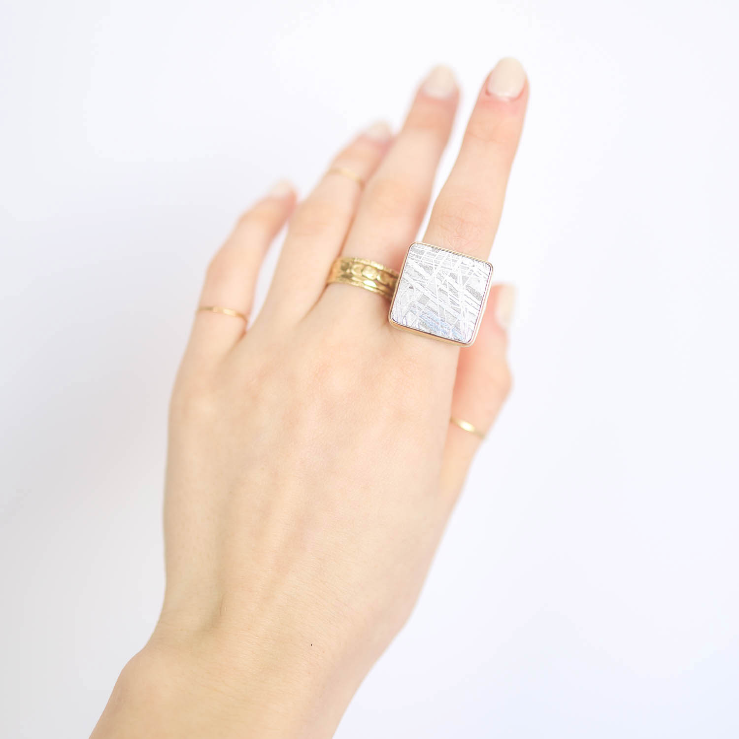 Jamie Joseph: SS & 14k Gold Ring w/Square Scrimshaw METEORITE on Comfort Band sz 7.25, 3/4" x 3/4"