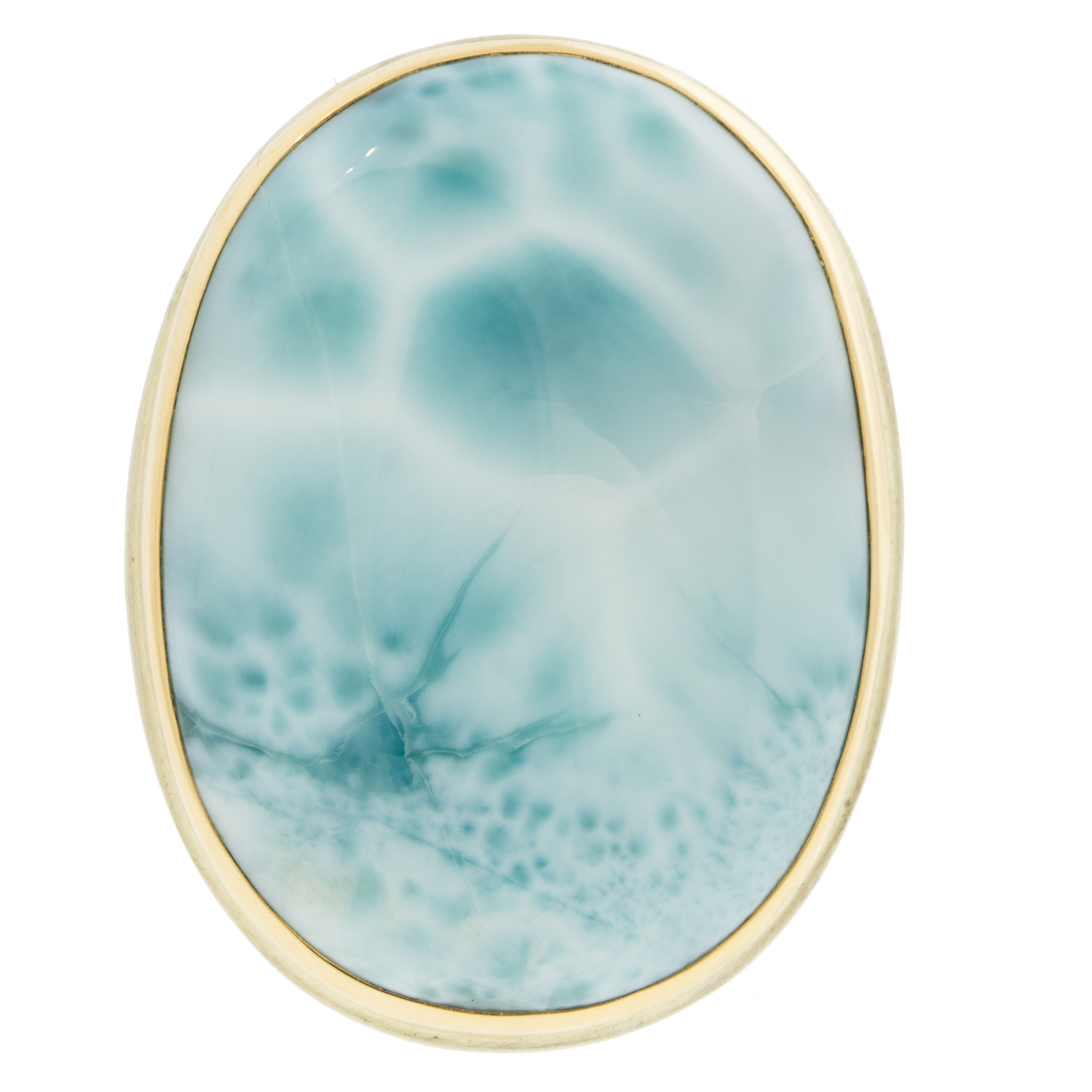 Jamie Joseph: SS & 14K Gold ring w/Vertical Oval Smooth LARIMAR on Comfort Band, 8.25 , 1 1/16" x 13/16"