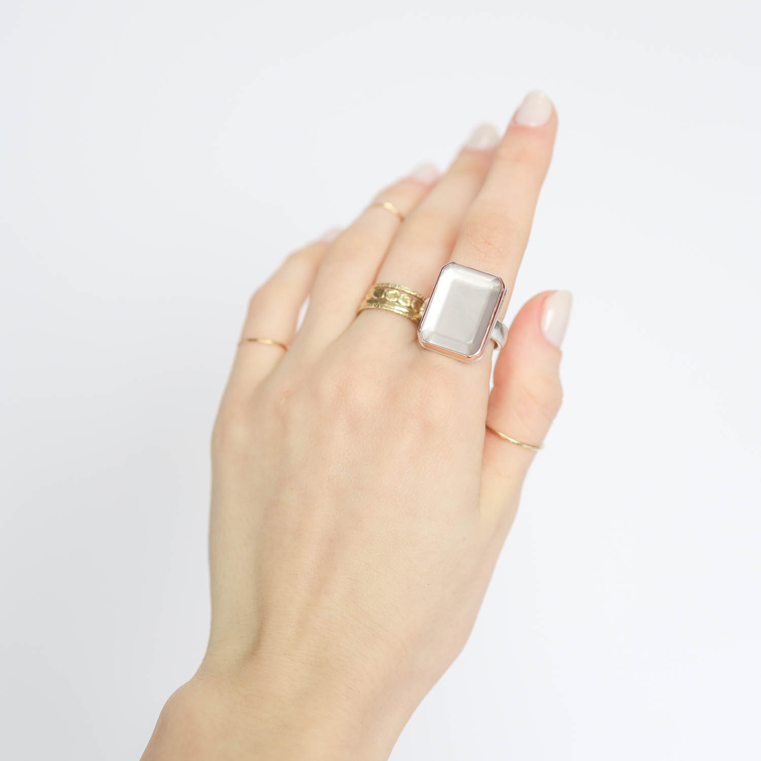 Jamie Joseph: Sterling & 14K Rose Gold Ring w/ Vertical Rectangular Table up ROSE QUARTZ on Comfort Band size 8.25, 3/4" x 9/16"