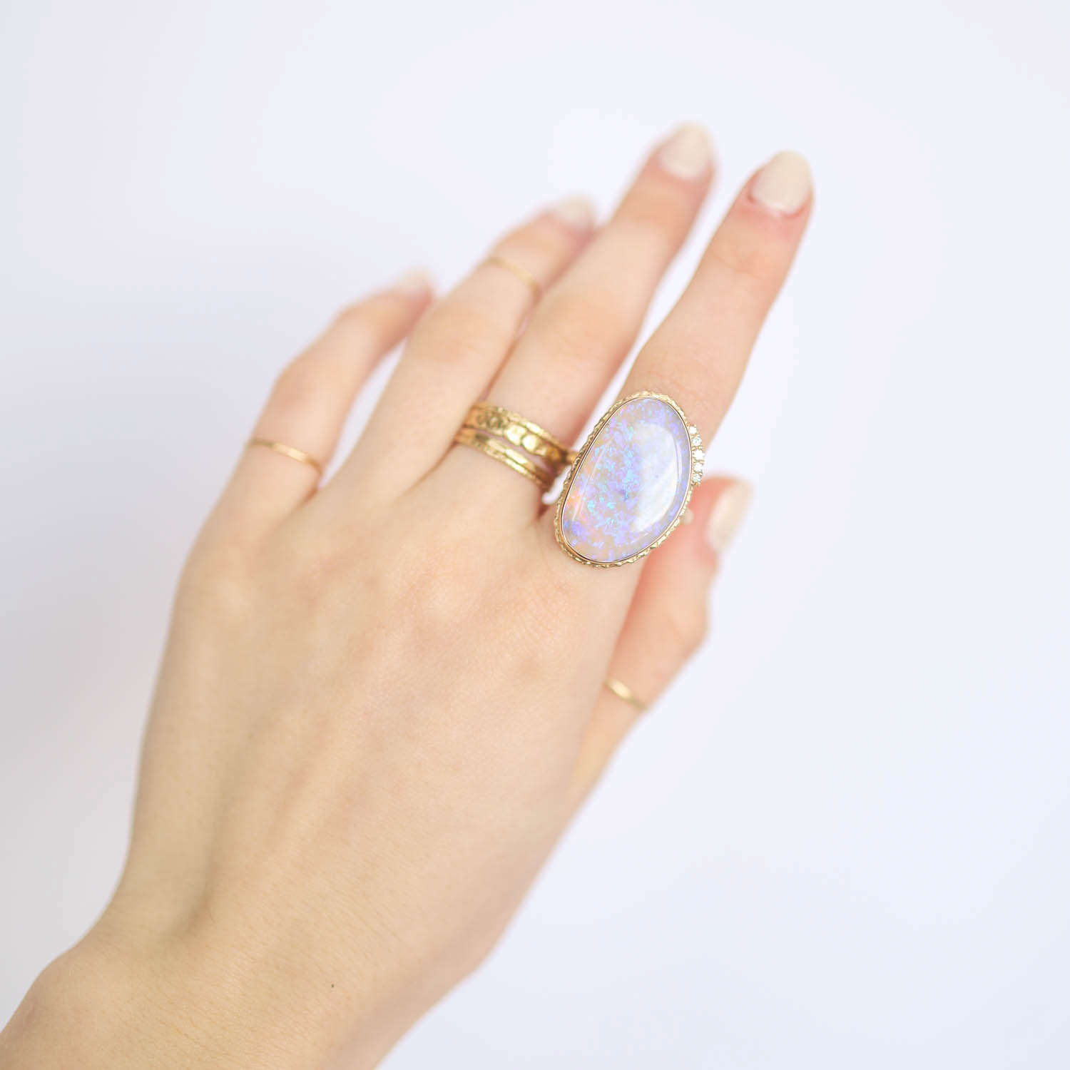 Jamie Joseph: 14K Gold Ring w/Vertical Asymmetrical AUSTRALIAN OPAL & Five Satellite Diamonds, .077 TCW on Ruffled Platform and Egyptian Band, sz 6.75 1" x 5/8"