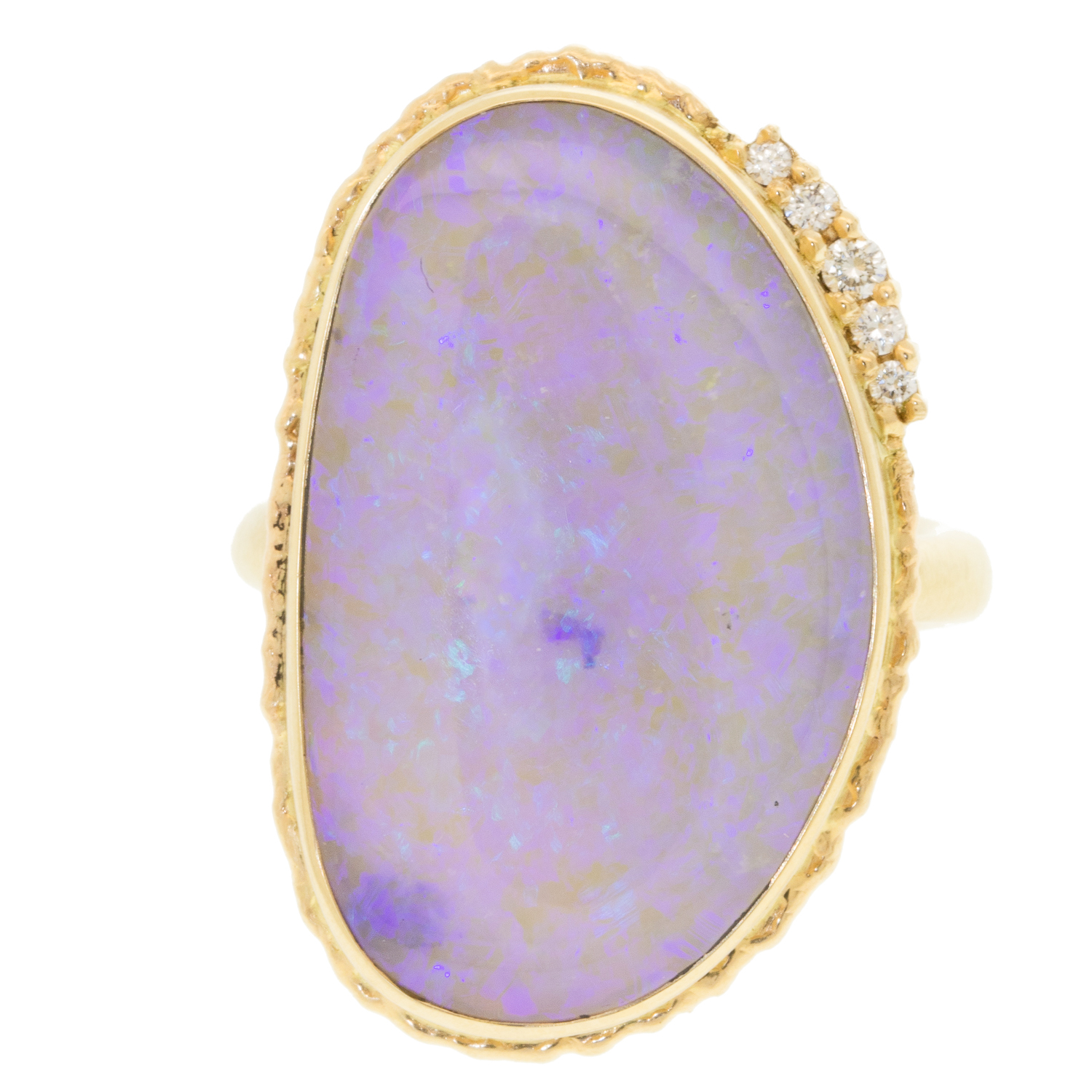 Jamie Joseph: 14K Gold Ring w/Vertical Asymmetrical AUSTRALIAN OPAL & Five Satellite Diamonds, .077 TCW on Ruffled Platform and Egyptian Band, sz 6.75 1" x 5/8"