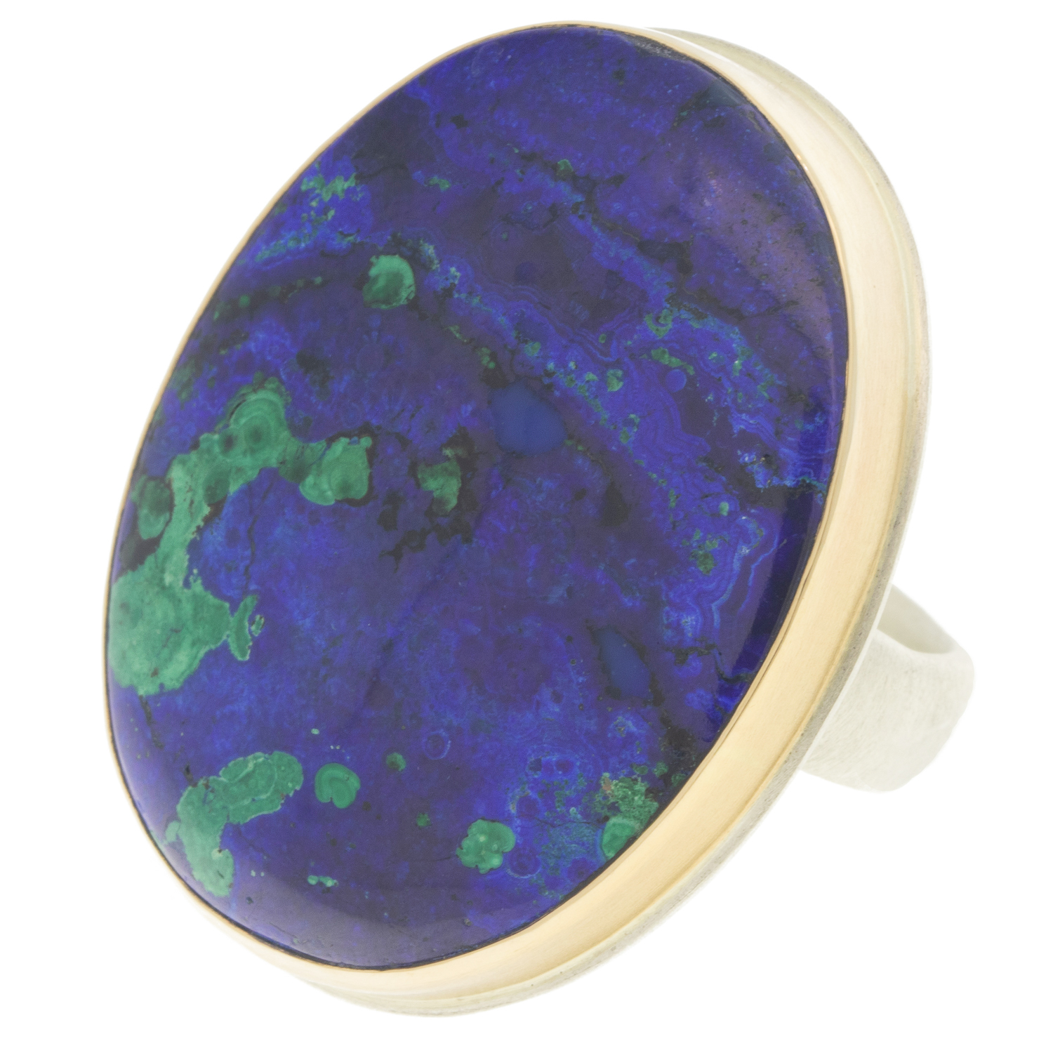 Jamie Joseph: SS & 14K Gold ring w/large Vertical Oval AZURITE MALACHITE CHRYSOCOLLA on Groovy Band, sz 7.5, 1 1/8" x 15/16"