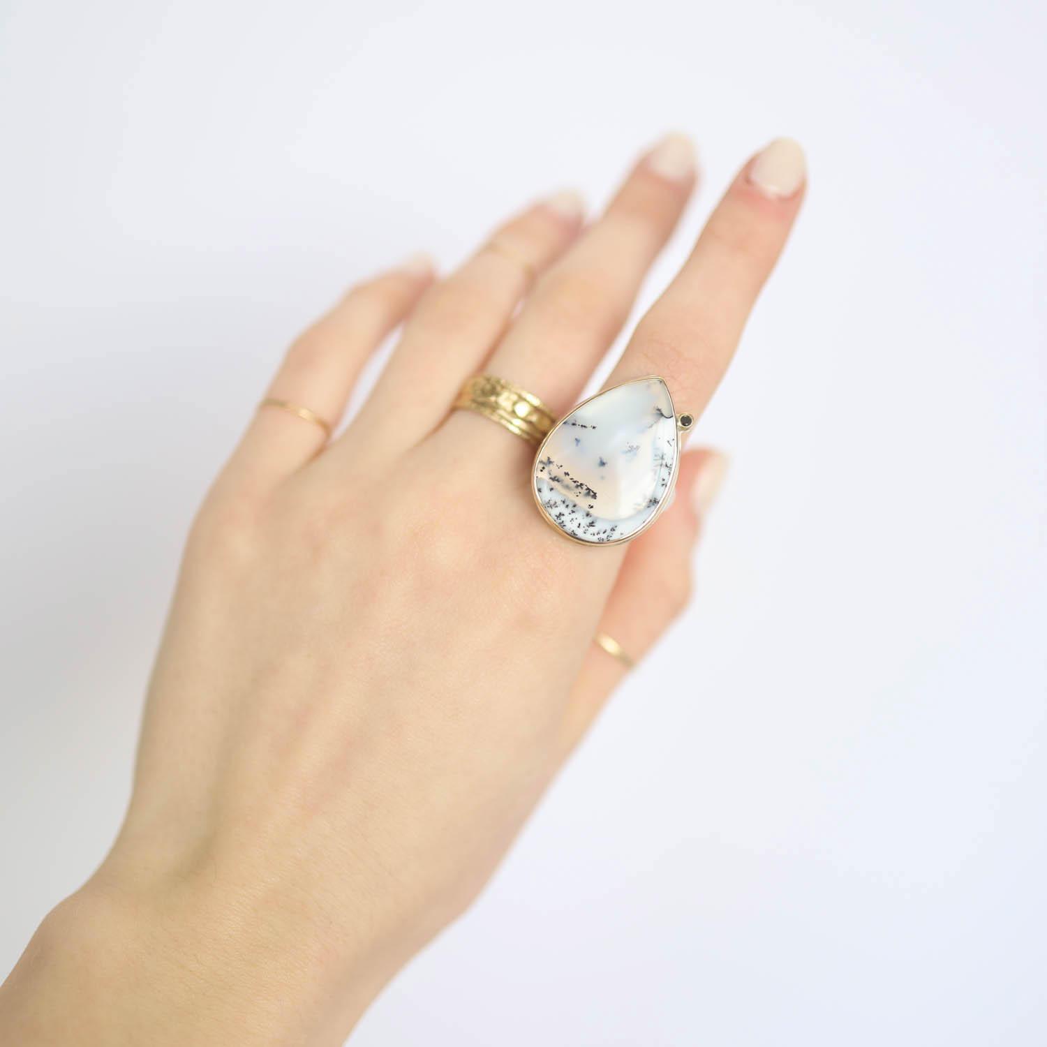 Jamie Joseph: SS & 14k gold ring w/ Large Vertical Teardrop Smooth DENDRITIC OPAL & .03 ct Black Satellite Diamond on Groovy Band sz 8, 1 1/16" x 3/4"