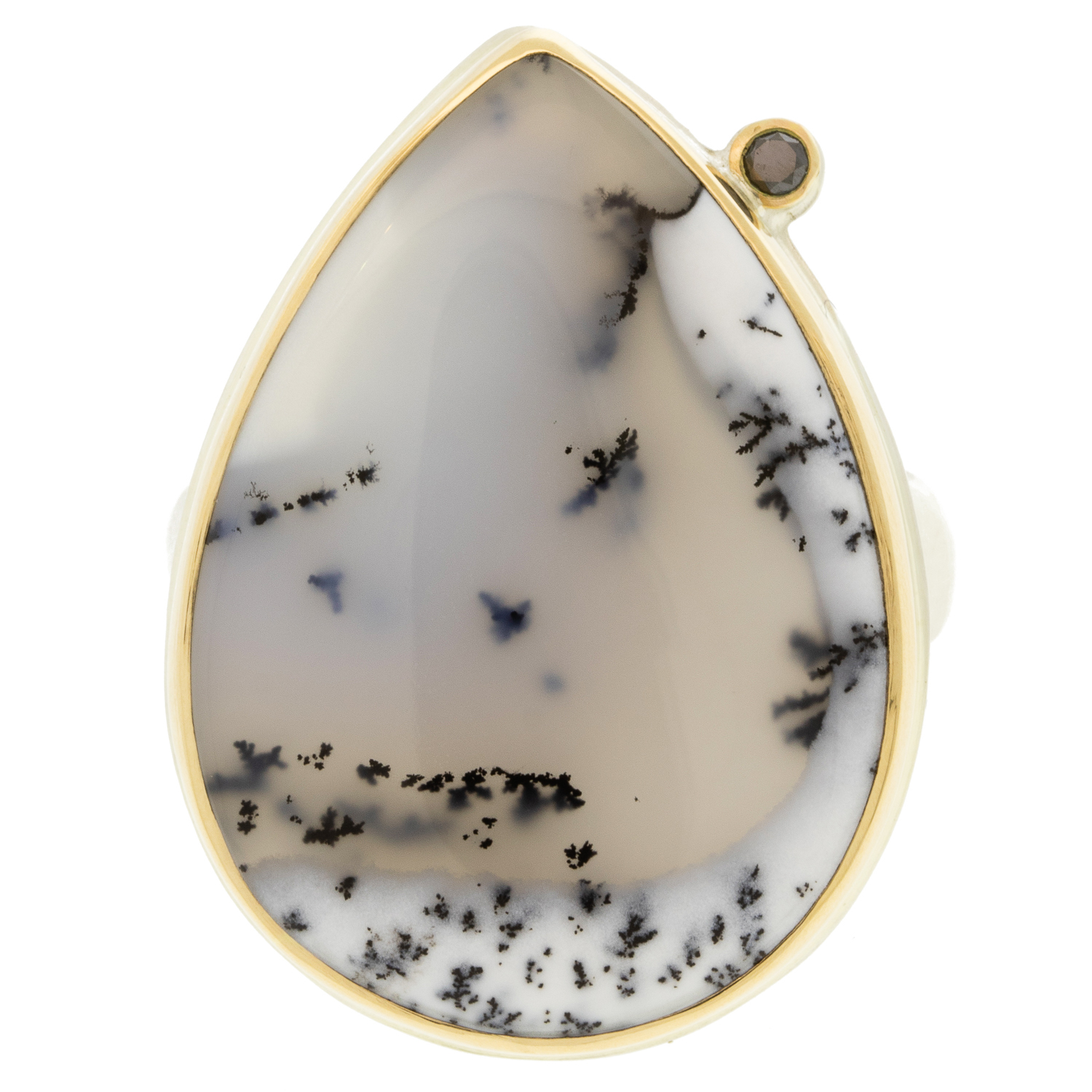 Jamie Joseph: SS & 14k gold ring w/ Large Vertical Teardrop Smooth DENDRITIC OPAL & .03 ct Black Satellite Diamond on Groovy Band sz 8, 1 1/16" x 3/4"