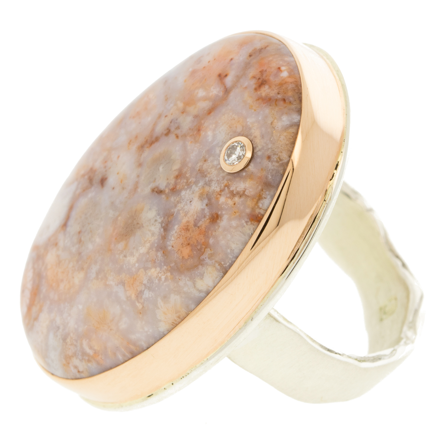 Jamie Joseph: SS & 14K Rose Gold ring w/Large Vertical Oval FOSSILIZED CORAL & .03 ct Diamond on Wide Eroded Live Edge Band