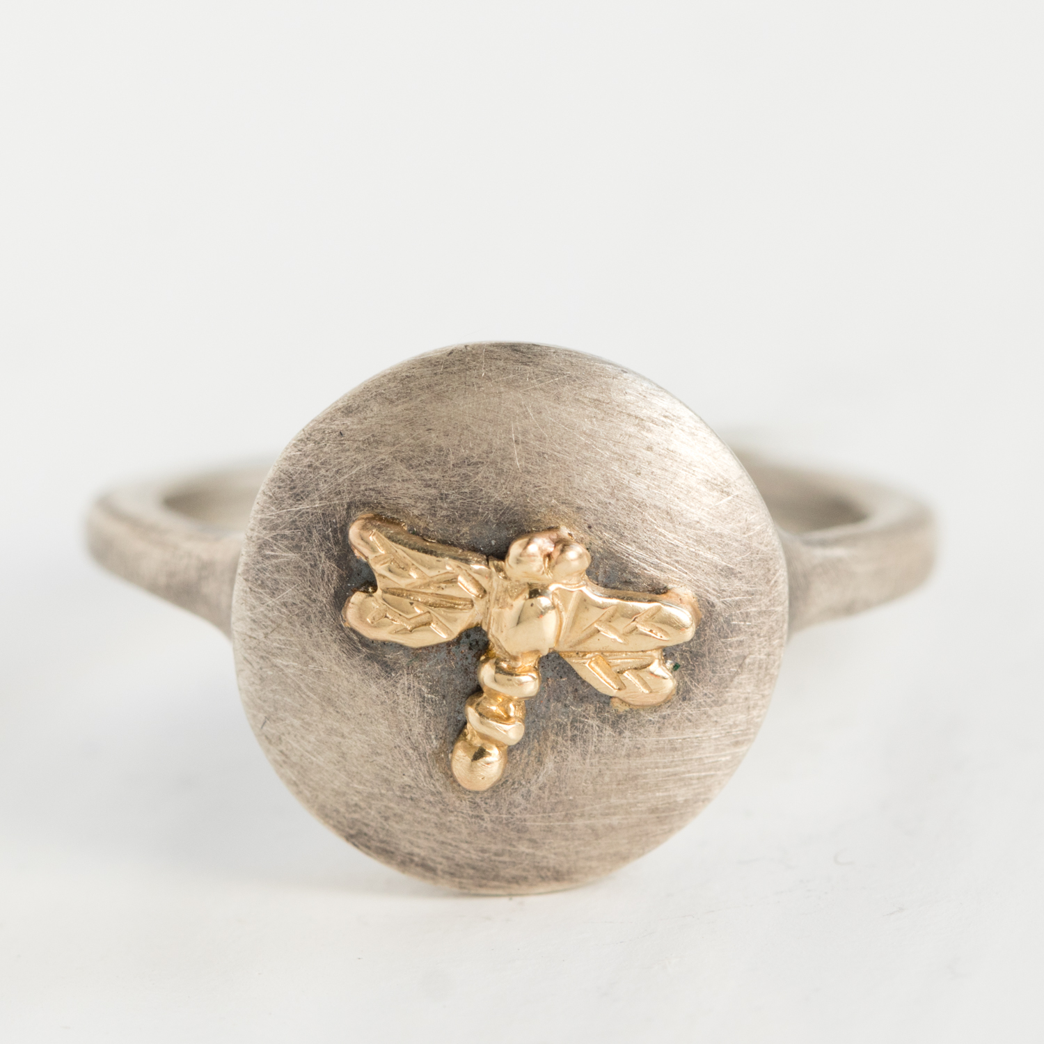 Jamie Joseph Trunk Show:Sterling & 14K Gold Ring w/ Dragonfly on Small Round Open Back Platform w/ Hidden Posie Flower Charm