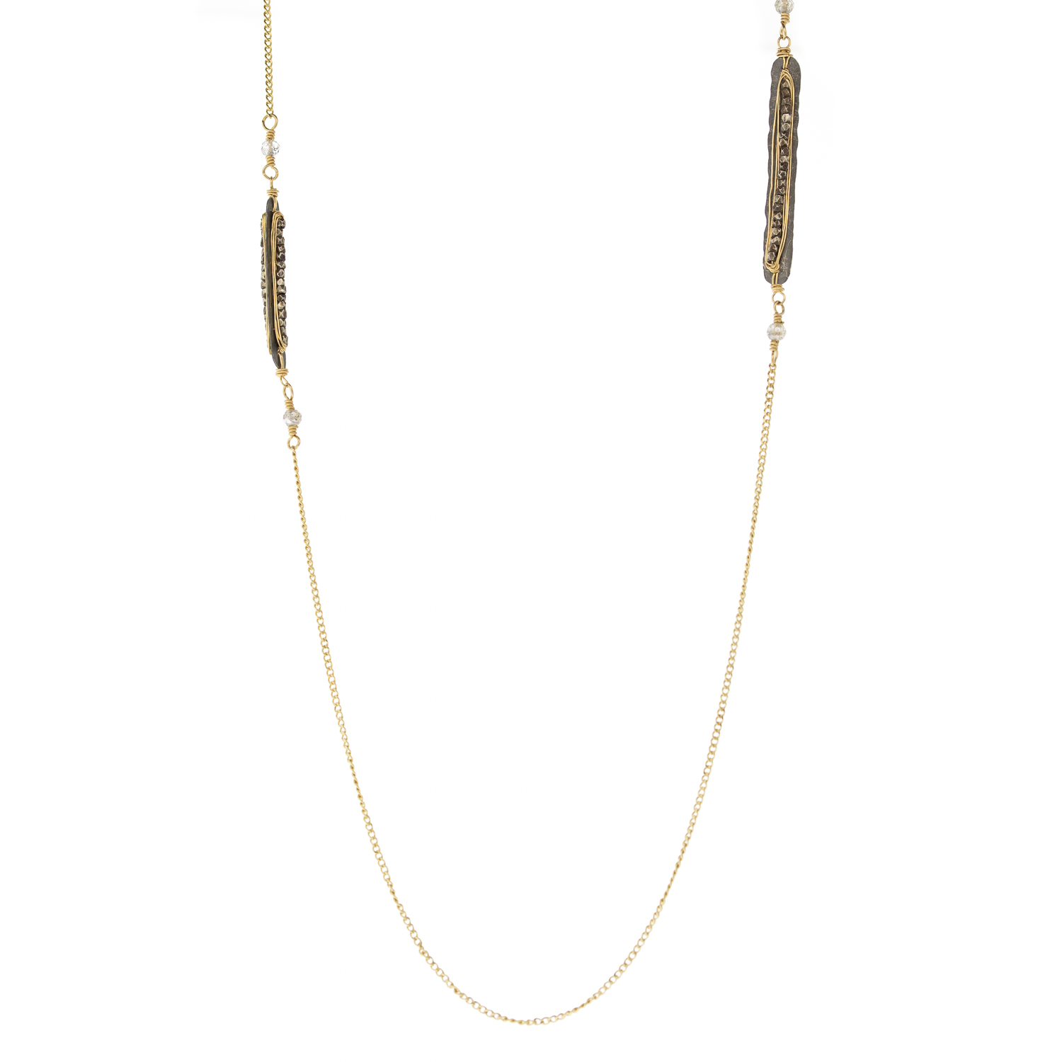 Dana Kellin: Necklace, 3 pyrite bar stations, Gold fill, Labradorite.