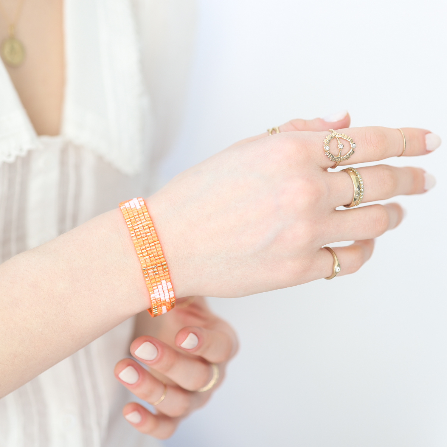Love is Project:Bracelet, Seed Bead LOVE with Hearts- Neon Orange