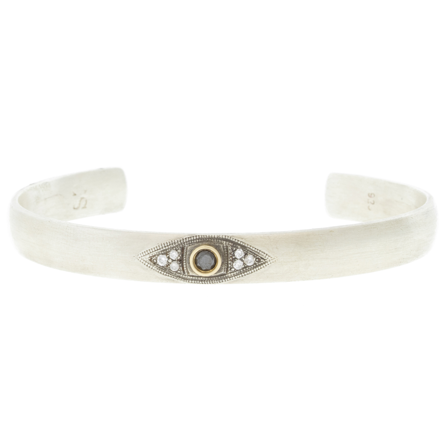 925SUNEERA: Bracelet,Petite Cuff, Evil eye, Vintage finish Sterling silver w/Black & White diamonds, .19cts,14K gold bezel 7mm/55mm