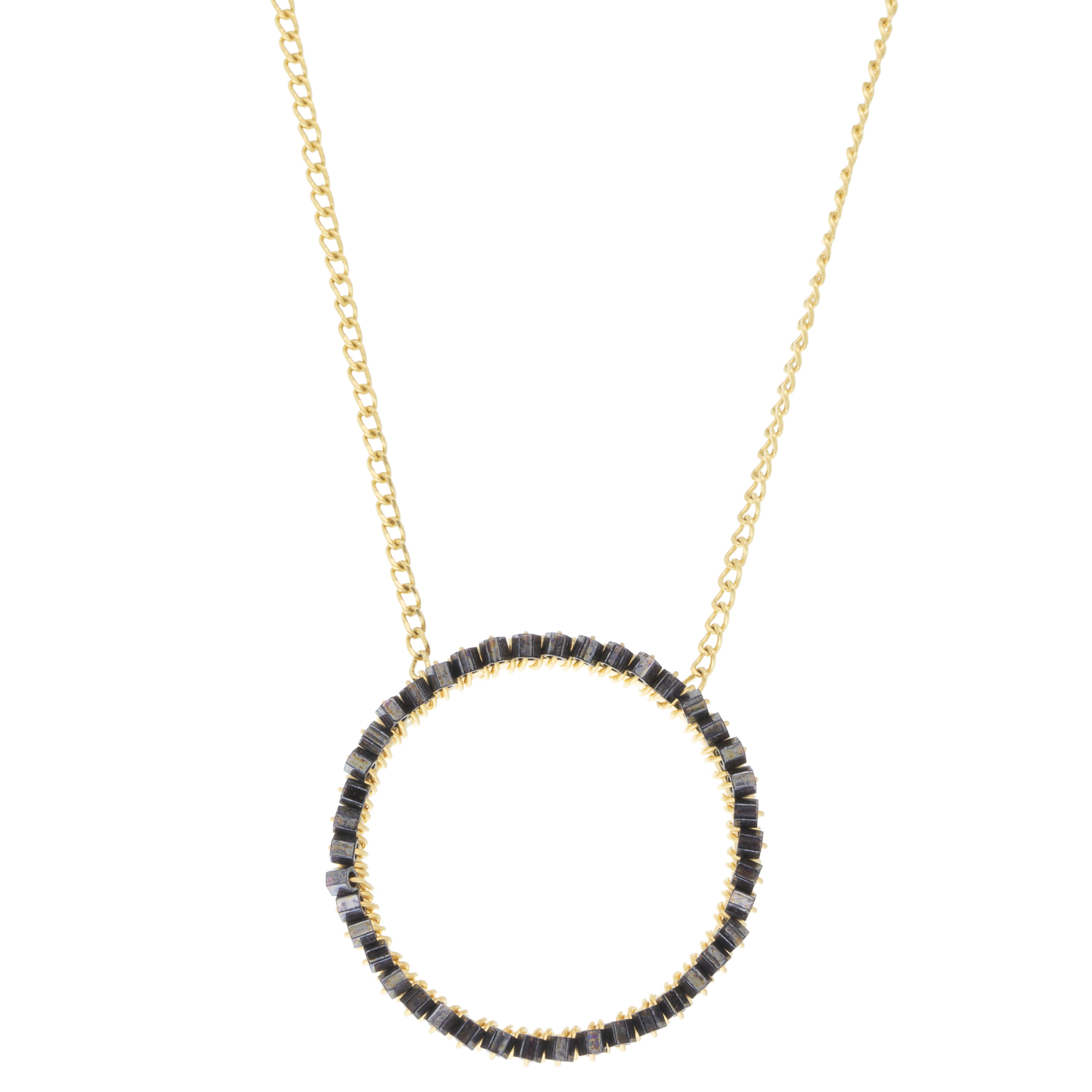 Dana Kellin: Necklace,14K Gold fill, Hematite open circle pendant