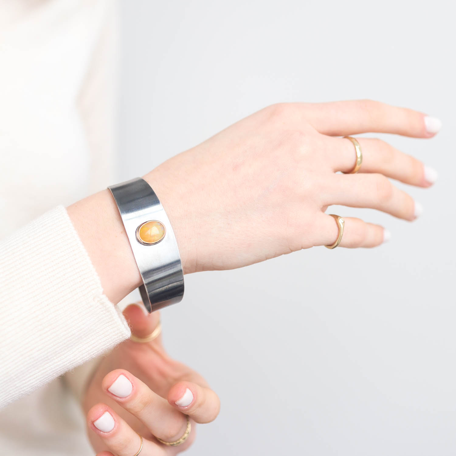 Melissa Joy Manning: One-of-a-kind, 14K gold & Oxidized silver Oval Australian opal cuff