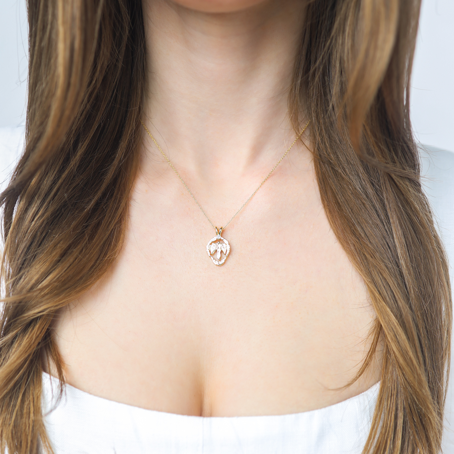 Communion by Joy: Necklace, Petite Guardian angel medallion, diamond 14K yellow gold, Chain measures 17" in length, Pendant measures 7/8" x 9/16"