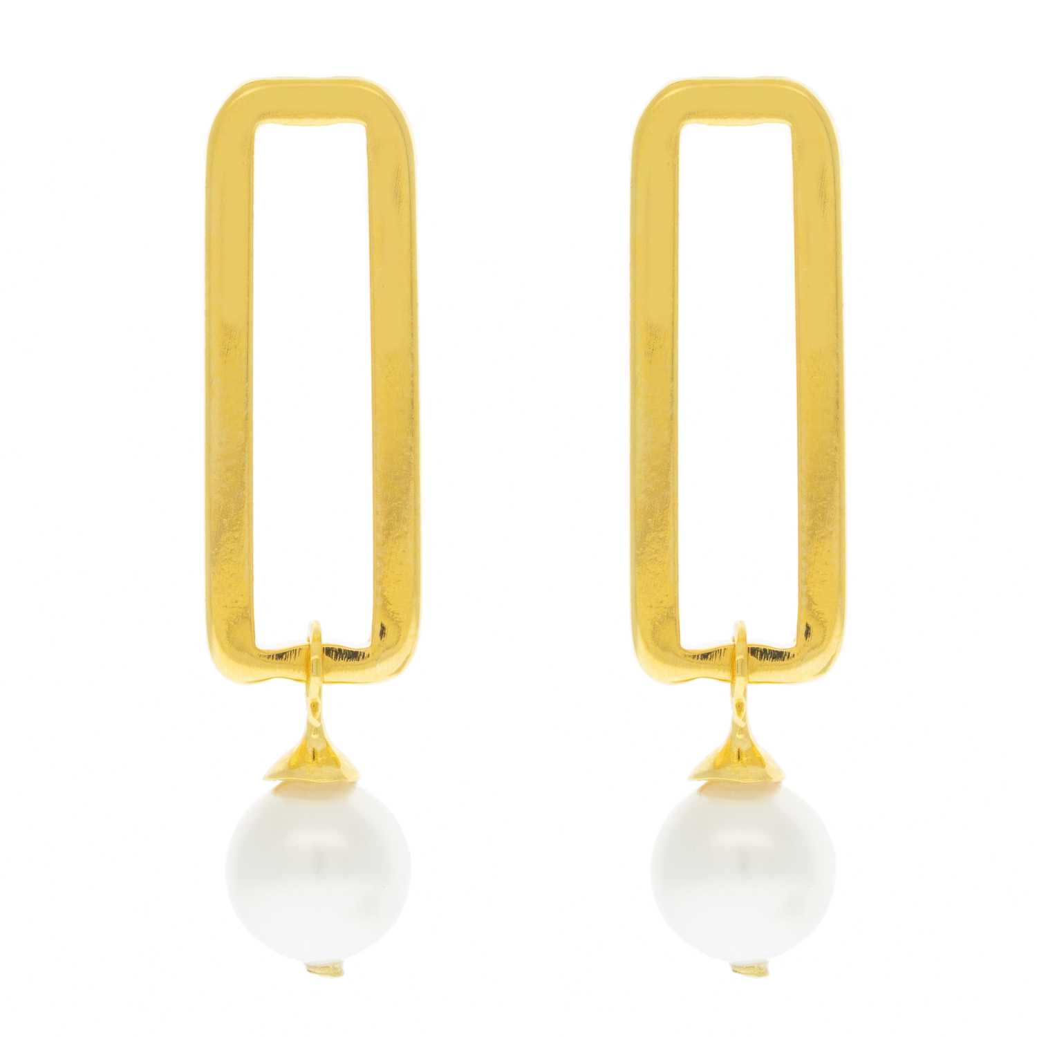 Catherine Canino: Box link earring with pearl drop, polished 14k gold over brass,white