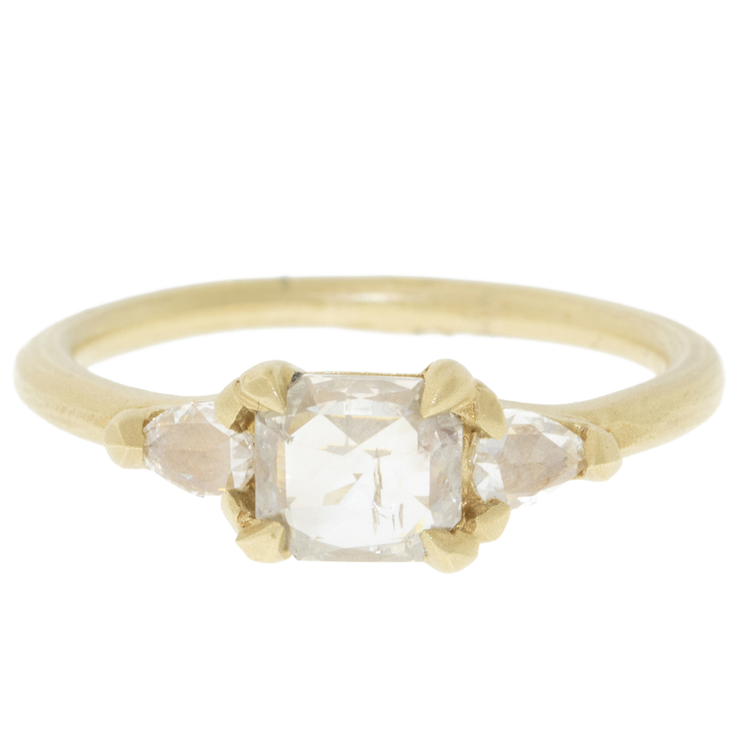 Victoria Cunningham: Ring, Cushion RC w/2 rustic pear diamond, .90 TCW