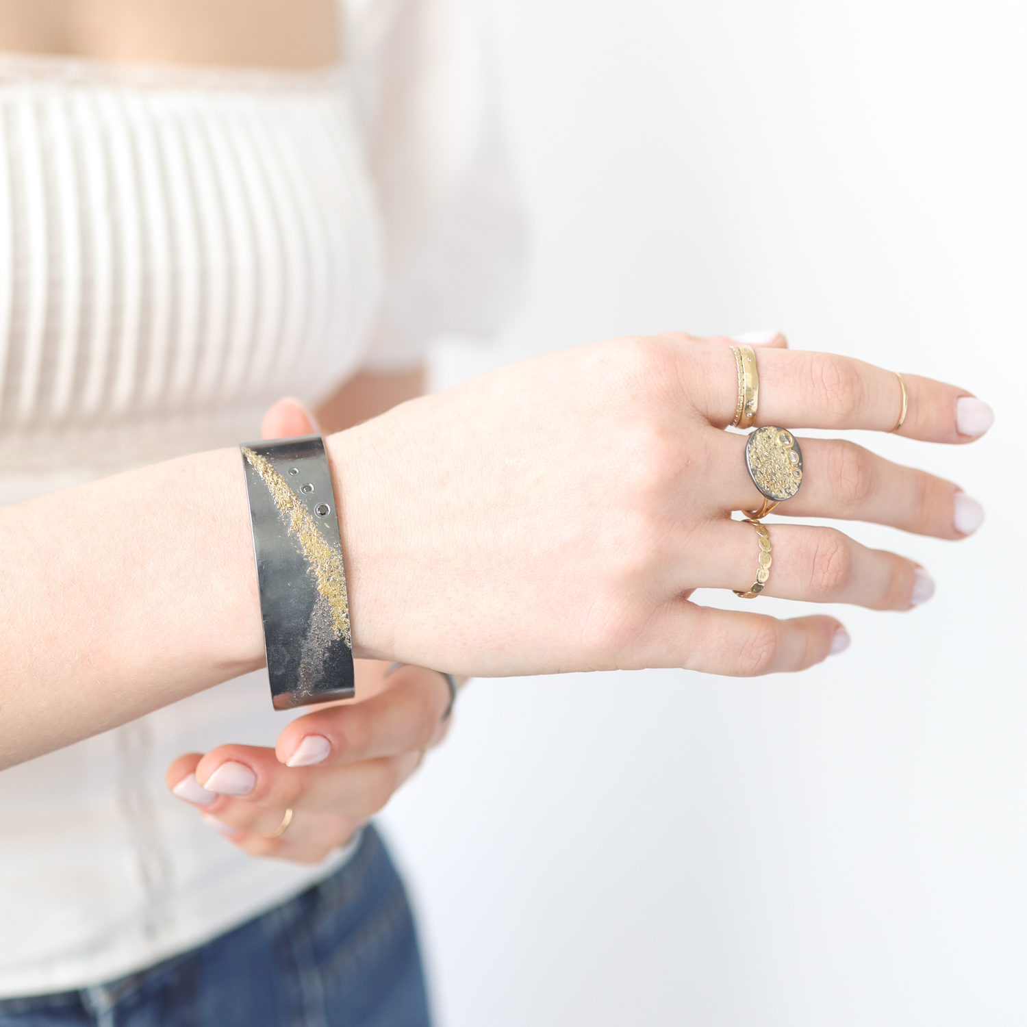 Kate Maller :Silver + Gold Slice Cuff - Narrow - 22k Gold, Oxidized Silver + Black Diamonds