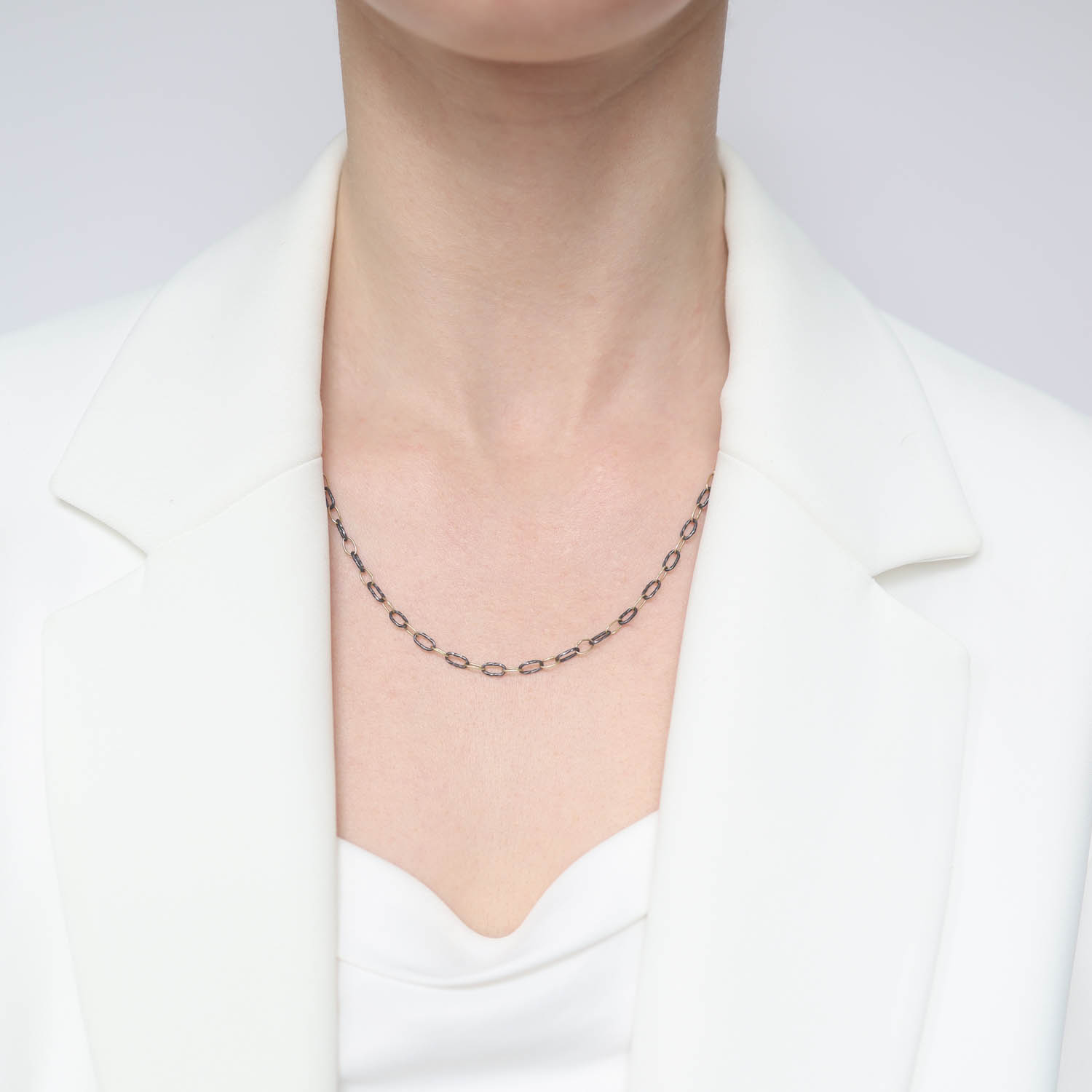 Sarah McGuire: Necklace, Baby Bowline, Two Tone, Oxidized Silver, 18K Gold Links, 14K Gold 20" Chain.