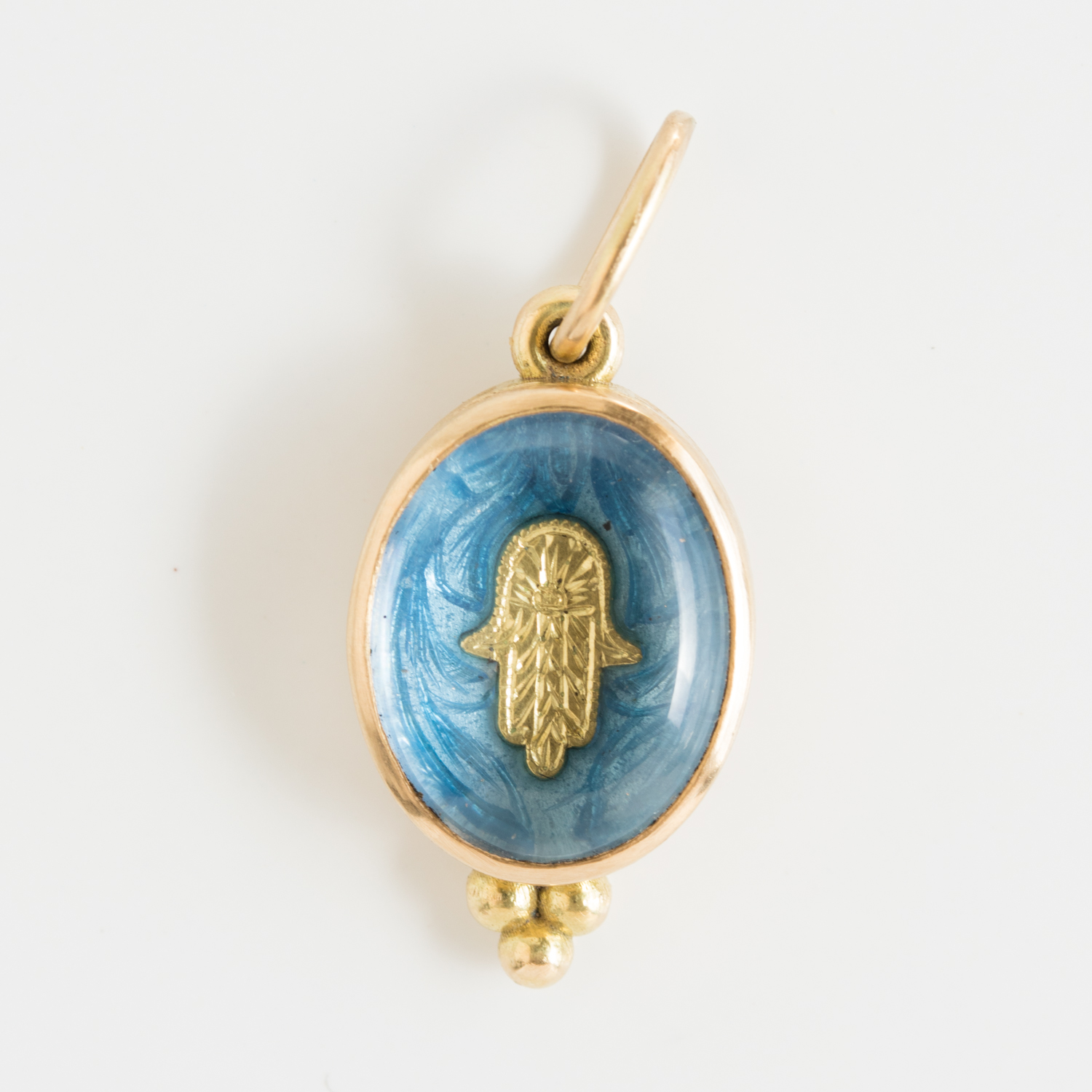 Erica Molinari Trunk Show: Charm, 18K gold Viterous glass Blue enamel, Hand engraved Hamsa White Sapphire Crystal