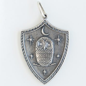 Erica Molinari: Charm, SS & Diamonds, .004 TCW Large Shield w/ owl, moon & Stars ‘Two roads diverged in a wood and I took the one less traveled by Robert Frost
