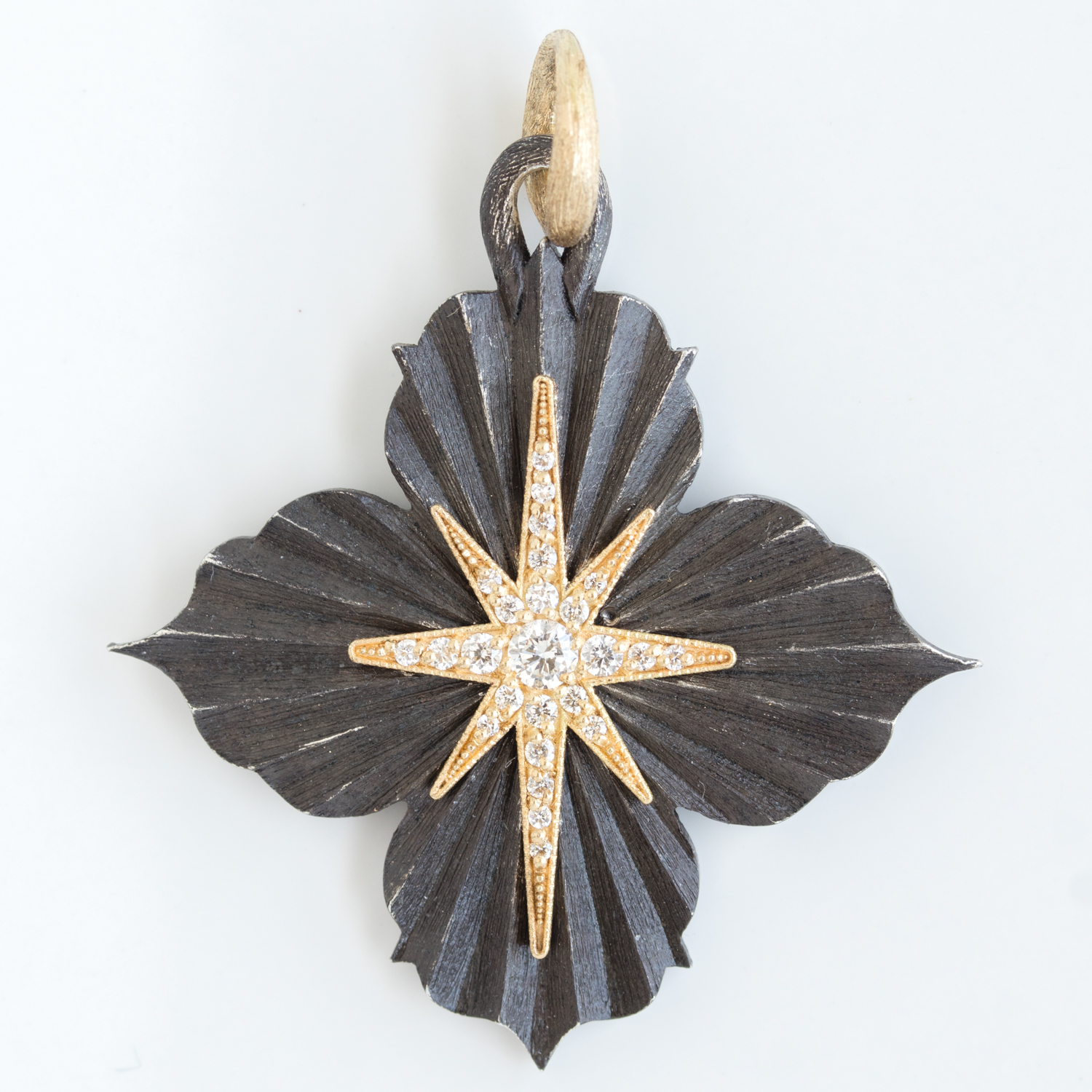 Erica Molinari Trunk Show: Charm, SS/18K Medium North Star ornate 4 point ruche charm ' Live all you can, It's a mistake not to." -Henry James, Diamonds, .27TCW