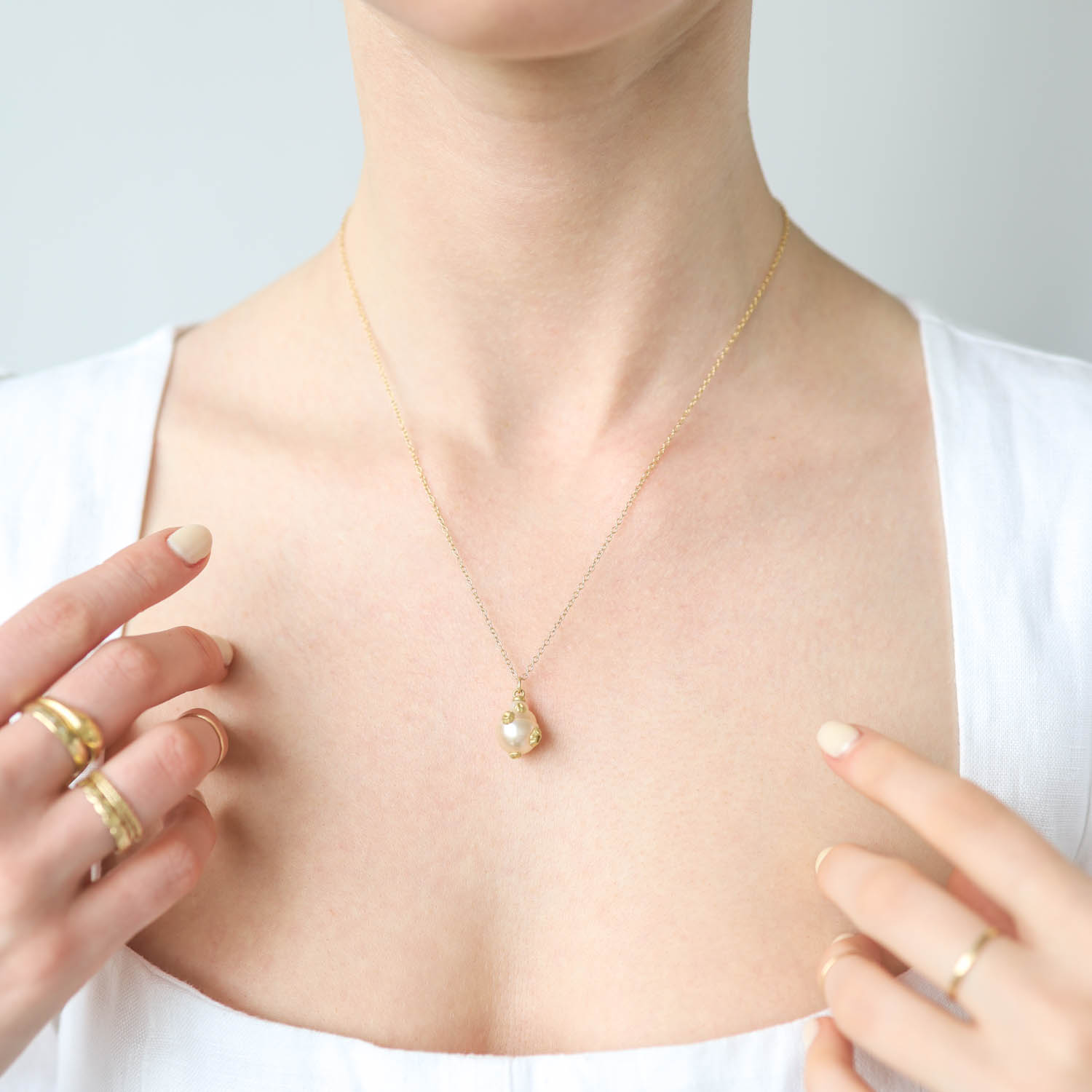 Hannah Blount: Necklace, Ruthie B, Alabaster South Sea Pearl + 18K gold, 18" in length