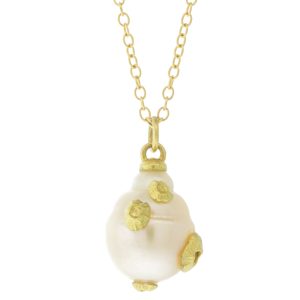 Hannah Blount: Necklace, Ruthie B, Alabaster South Sea Pearl + 18K gold, 18" in length