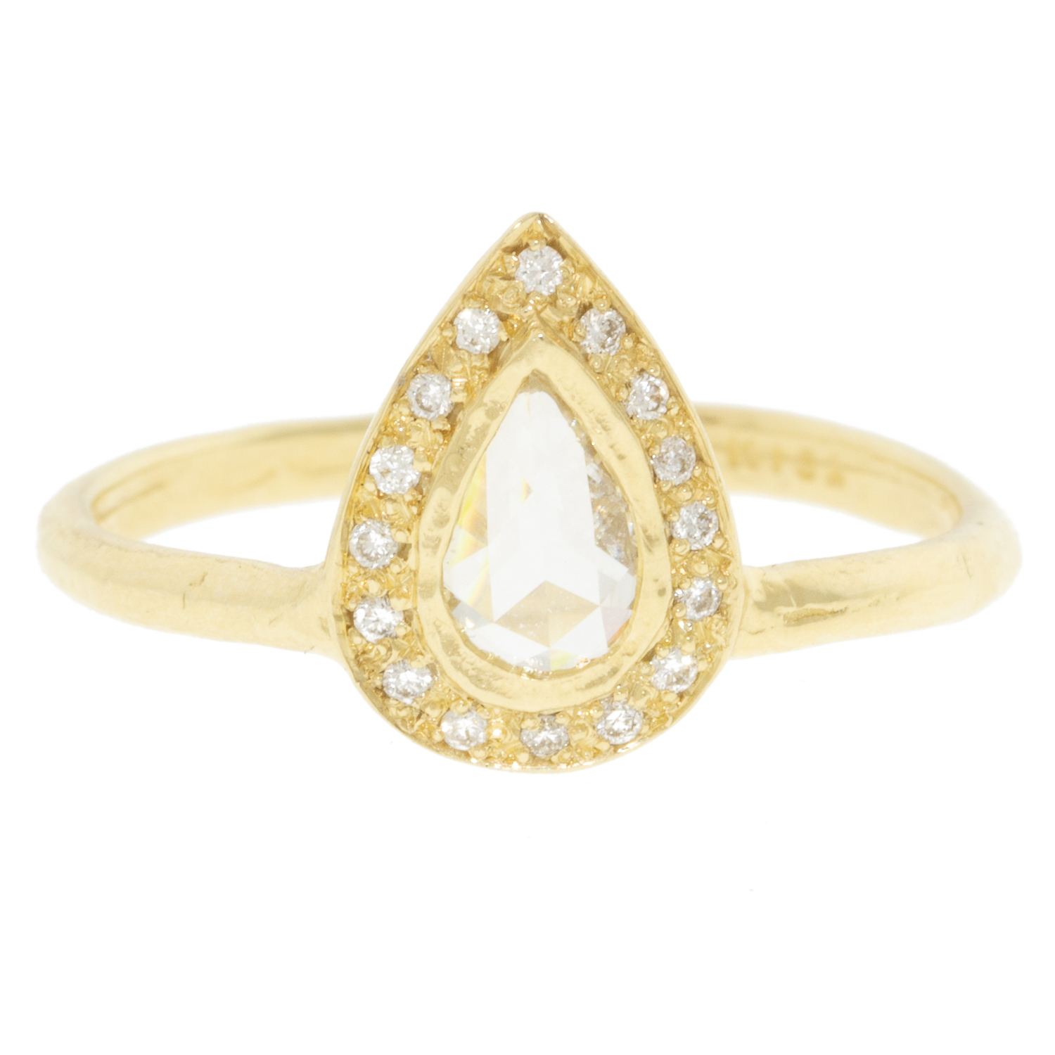 Misa Jewelry: Feather Tiara ring,14k YG,Rosecut pear shaped diamond .30cts,white round brilliant diamonds .075cts,0.375tcw,size 6.5, measures 1/4" at its widest point