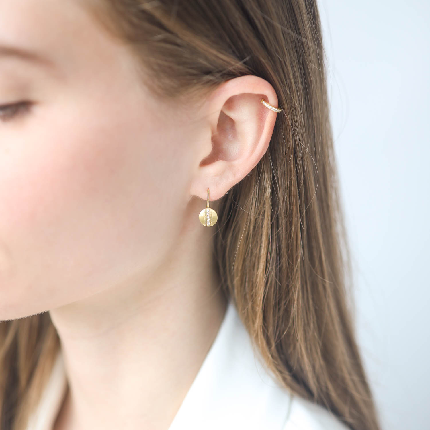 925SUNEERA: Earrings, 14K yellow gold vintage finish, White diamonds, .09 TCW, 5/8" x 5/16" including earlier