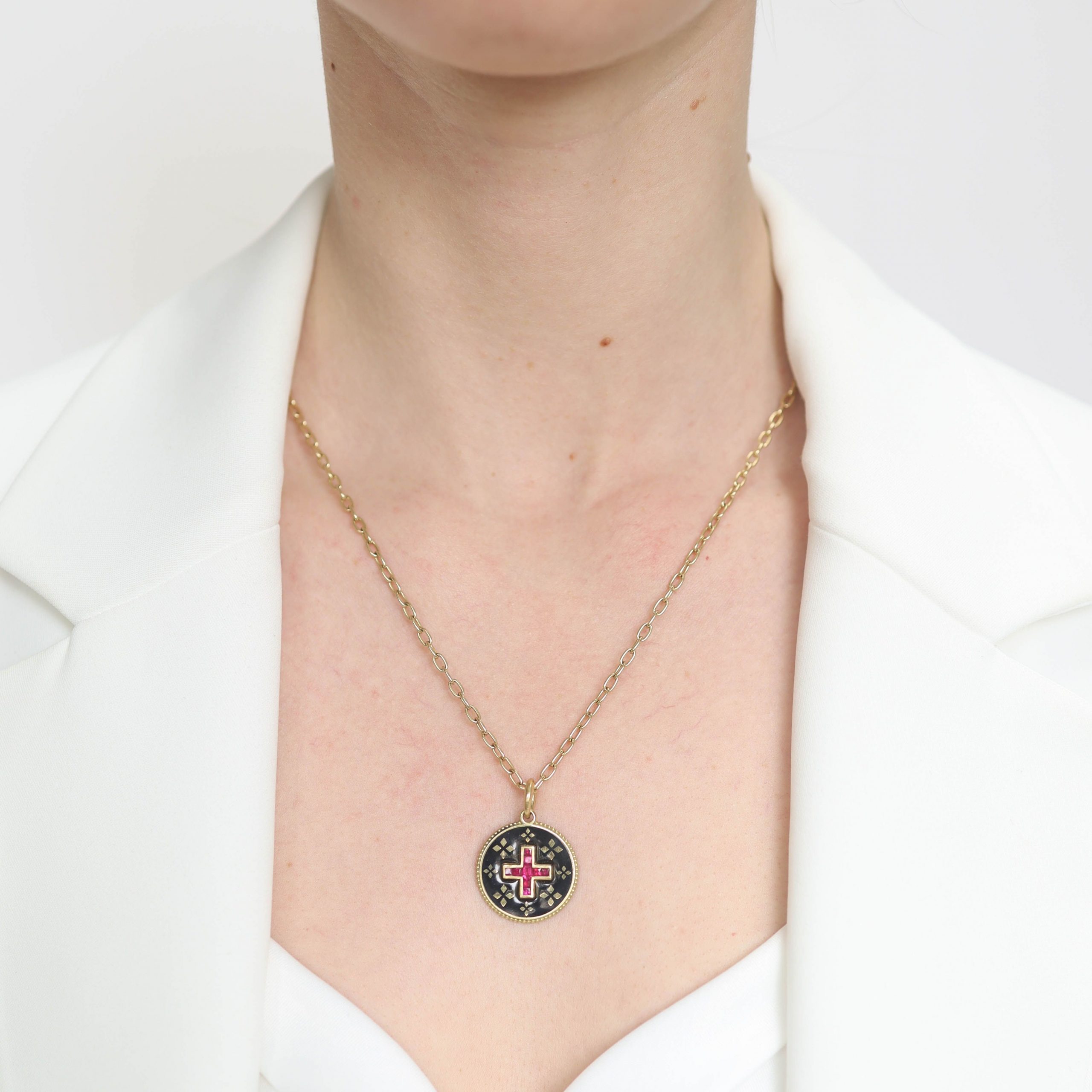 Erica Molinari Trunk Show: 18k Burma ruby black vitreous enamel cross clover FDL Motif,.85cts