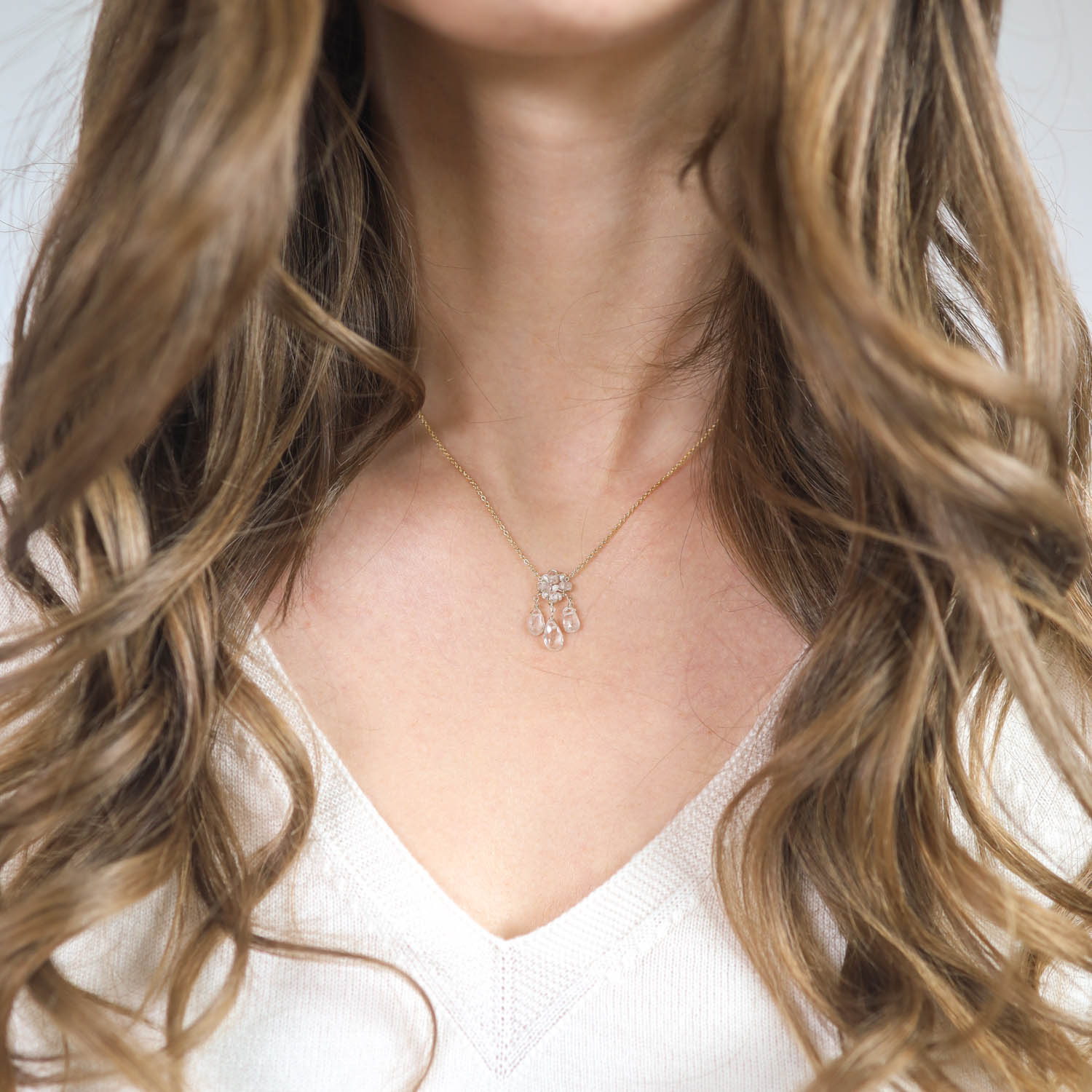Dana Kellin: Necklace,Single flower pendant with zircon drops,Clear crystals & Gold Fill,