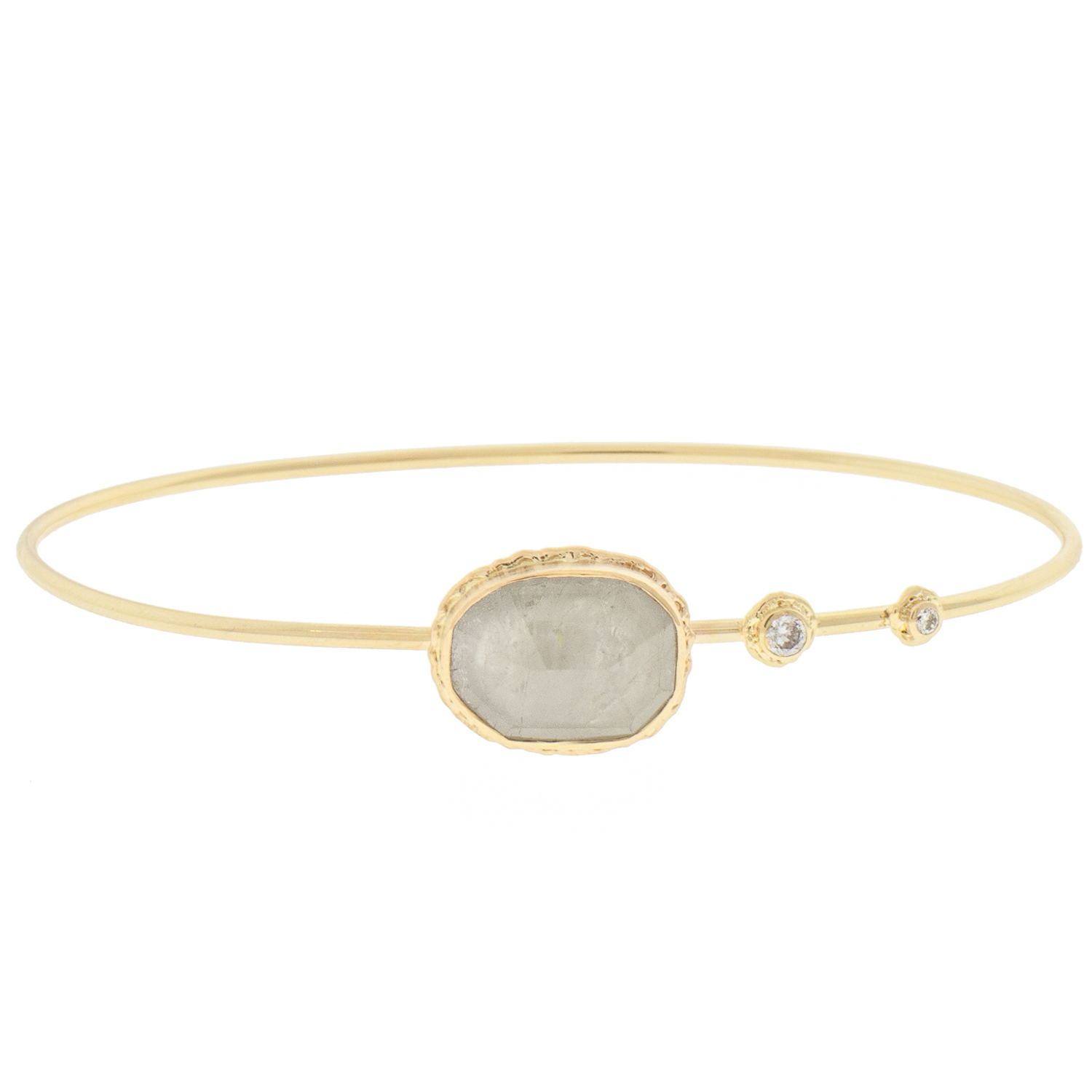 Jamie Joseph: 14k Gold Bracelet w/ Asymmetrical Faceted LINEN SAPPHIRE on Ruffled Platform w/ two diamond accents, .085 TCW Stone measures 3/8" x 1/2"