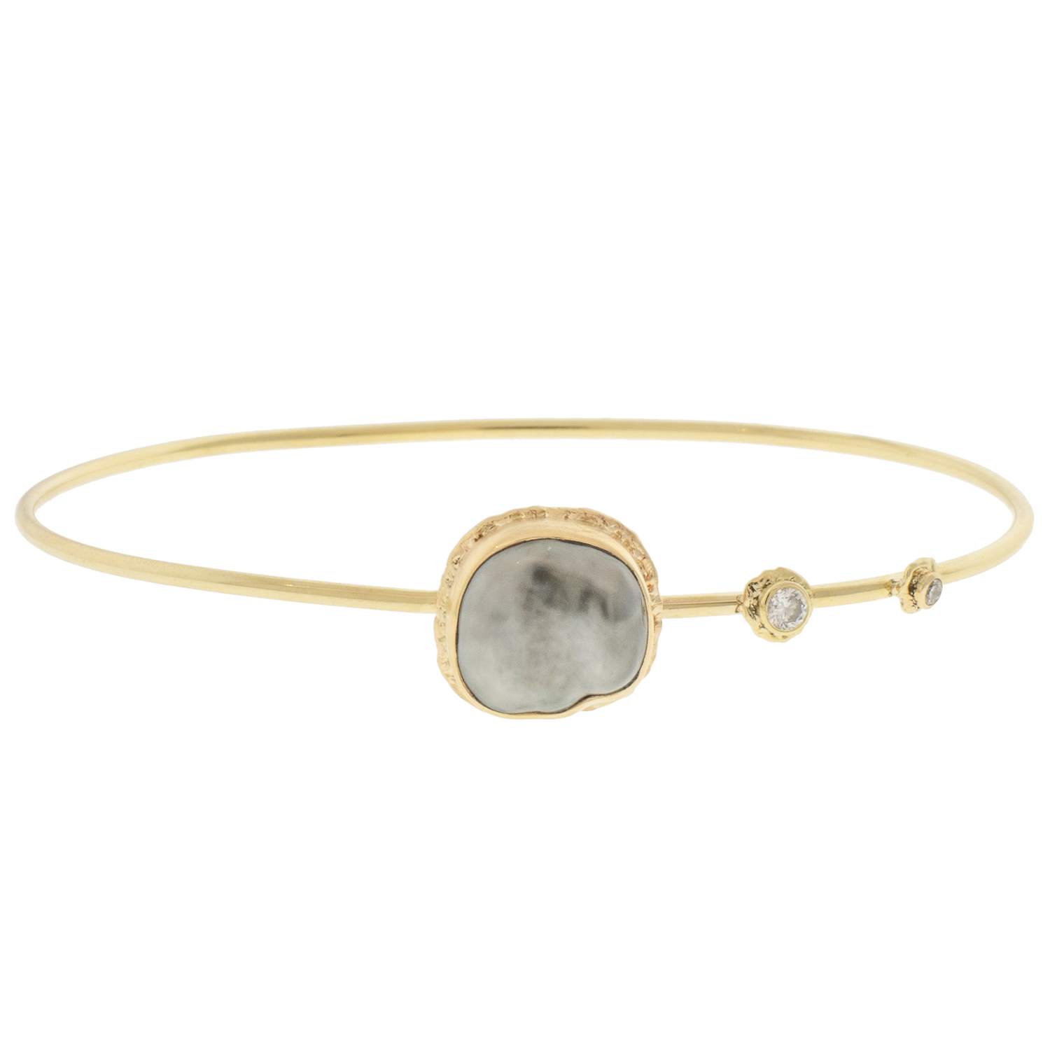 Jamie Joseph: 14K Gold Bracelet w/ Asymmetrical TAHITIAN PEARL on ruffled platform w/ two diamond accents, .085 TCW Pearl measures 3/8" x 3/8"
