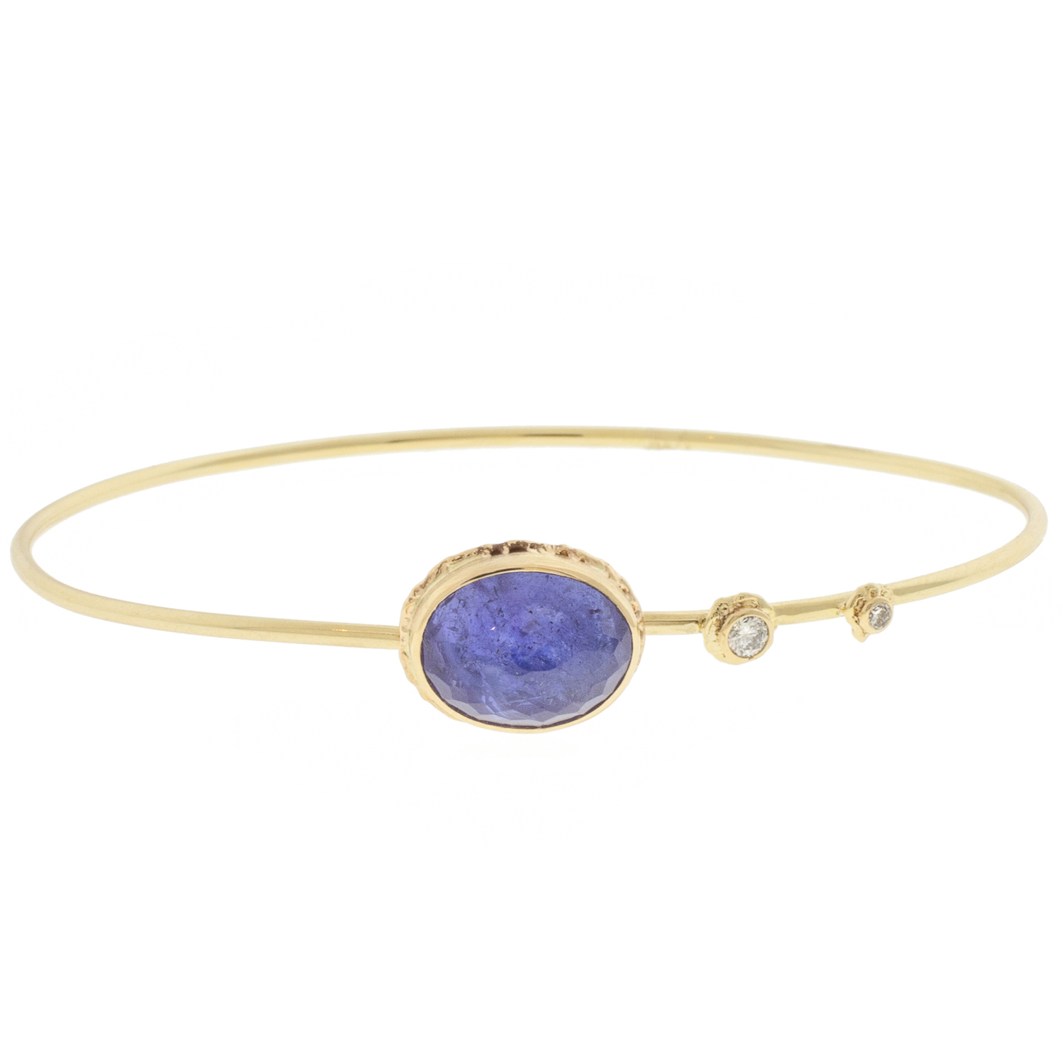 Jamie Joseph: 14k Gold Bracelet w/ Oval inverted TANZANITE w/ two diamond accents, . 085 TCW Stone measures 3/8" x 1/2"